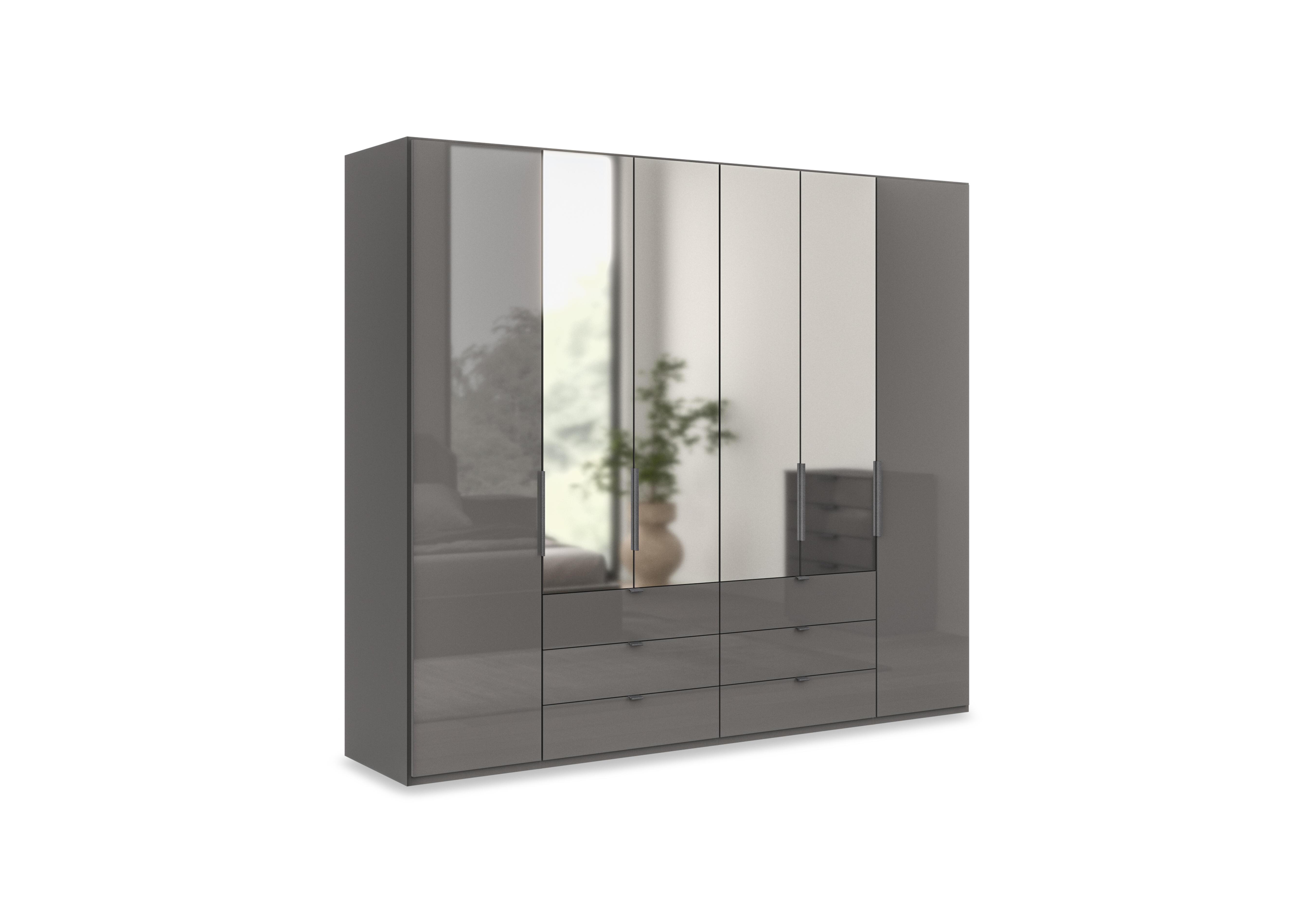 Amara 250cm 6 Door Bifold Combi Wardrobe with 4 Mirror Doors, 2 Glass Doors and 6 Glass Drawers in Lava on Furniture Village