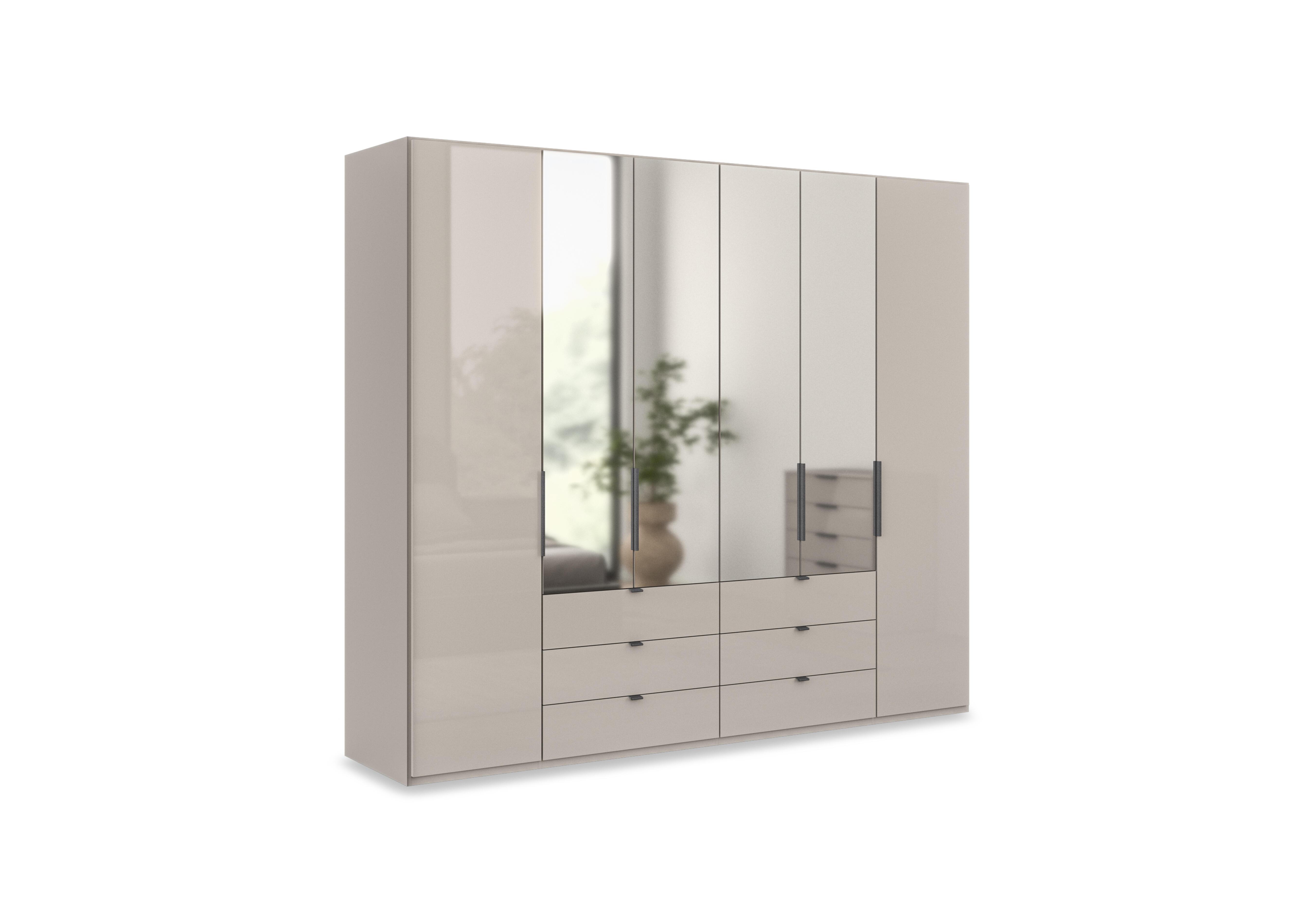Amara 250cm 6 Door Bifold Combi Wardrobe with 4 Mirror Doors, 2 Glass Doors and 6 Glass Drawers in Pebble Grey on Furniture Village