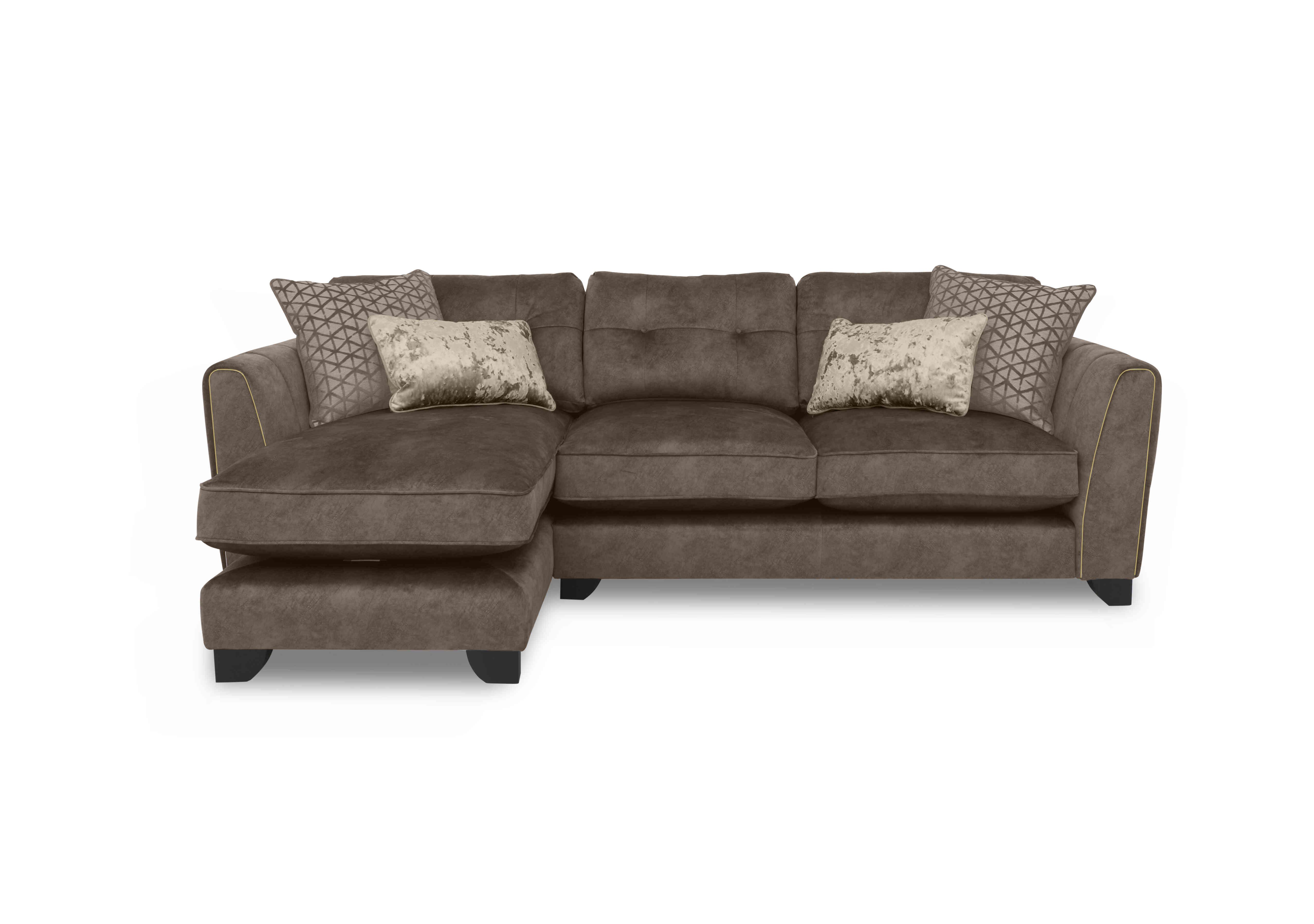 Oh So Glam Mariah Fabric Classic Back Chaise End Sofa in Dapple Chocolate-Tri Brass on Furniture Village