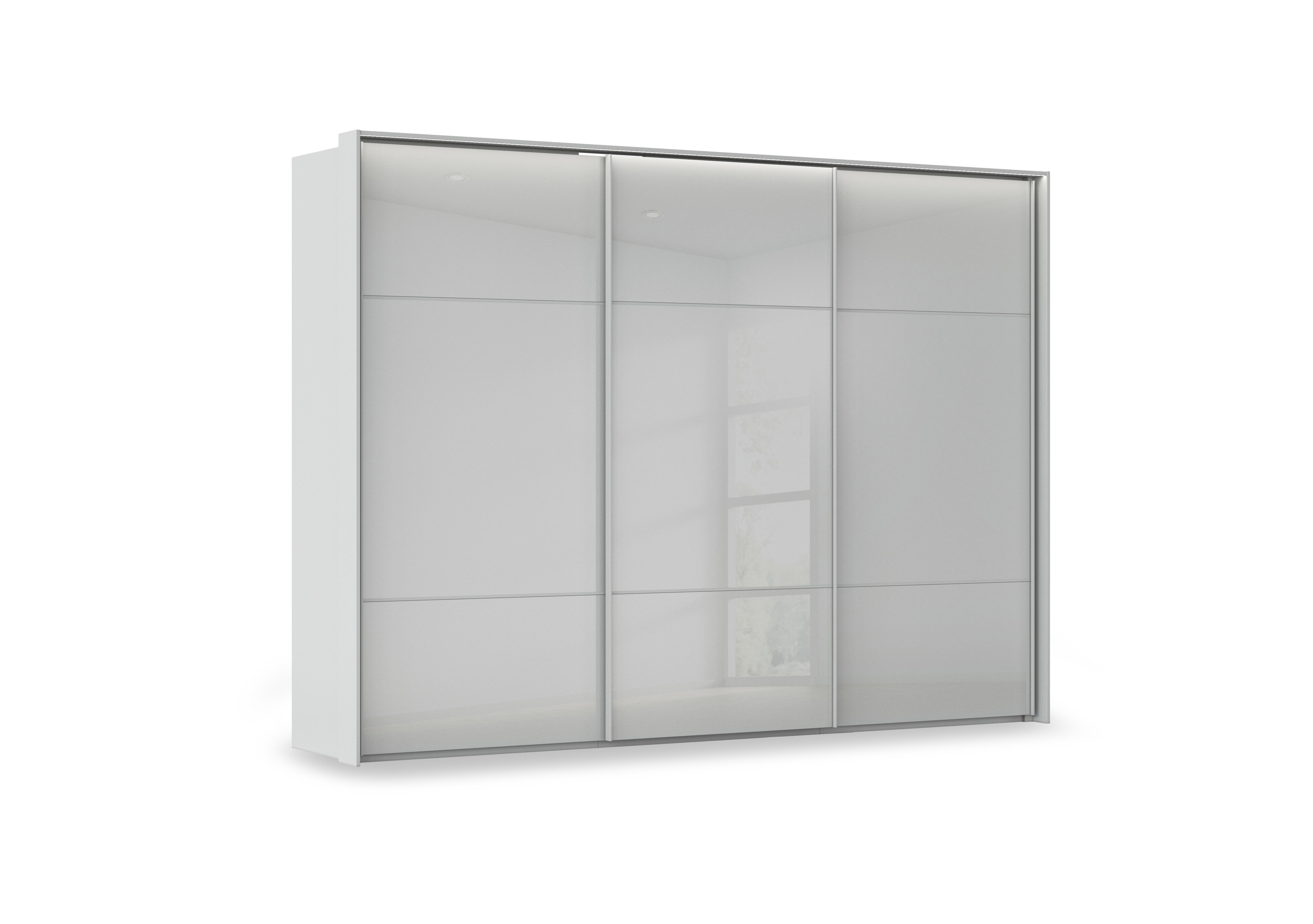 Haven 310cm 3 Door Slider Wardrobe with Glass Doors and Lights in Agg2l Silk Gry Silk Gr Gls Frn on Furniture Village