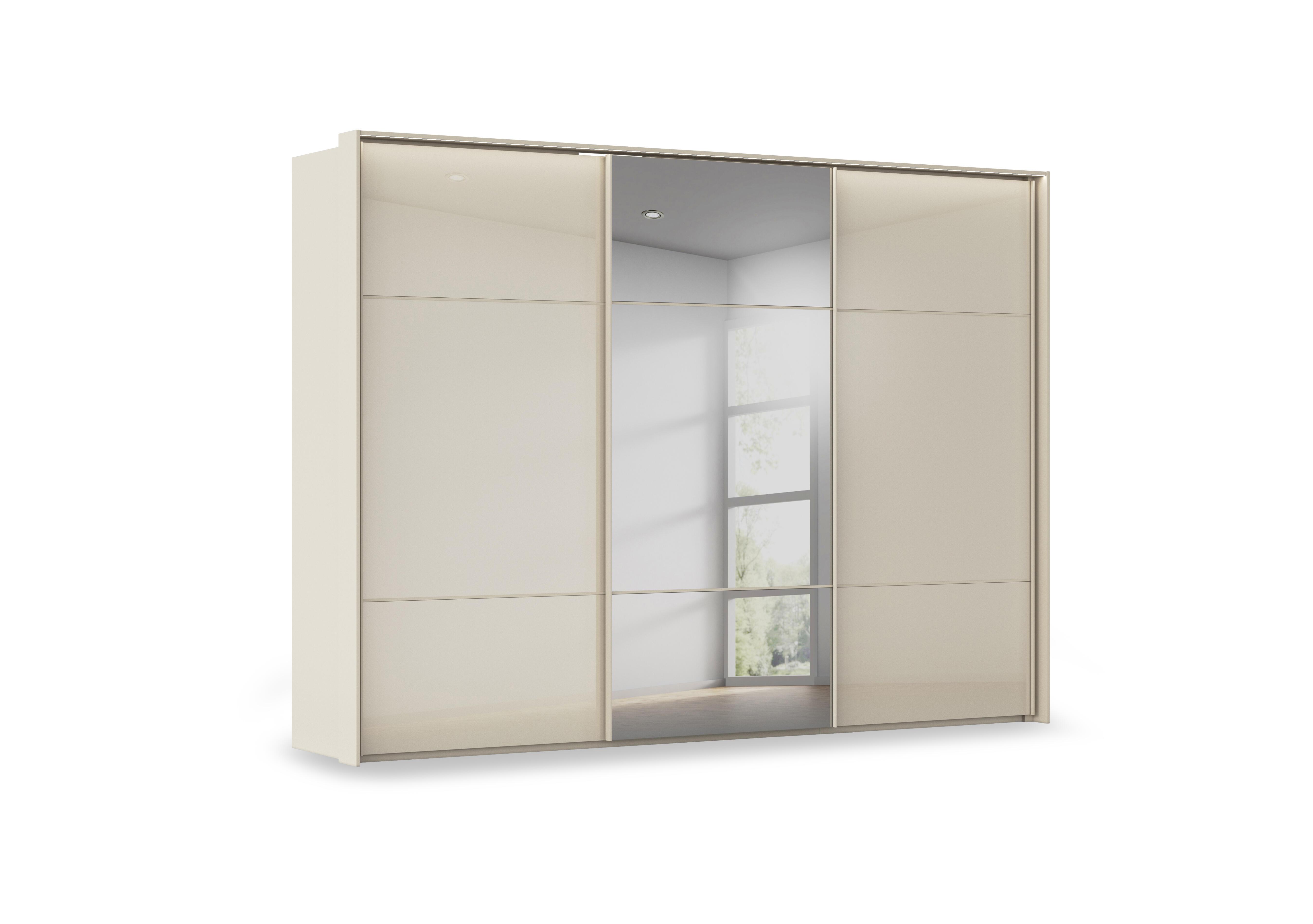 Haven 310cm 3 Door Slider Wardrobe with 2 Glass Doors, 1 Mirror Door and Lights in Acg3l  Champagne Champagne Gls on Furniture Village