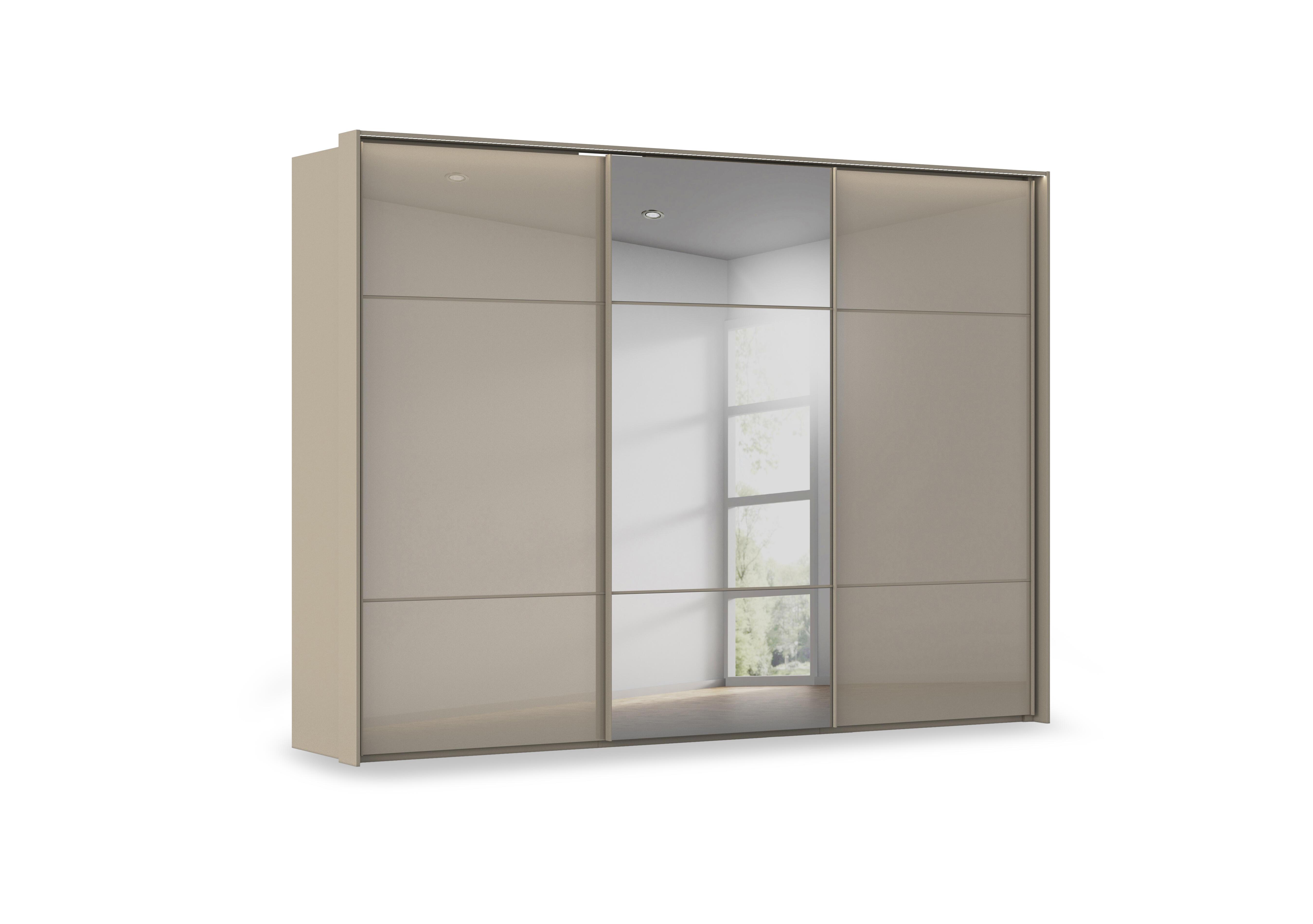Haven 310cm 3 Door Slider Wardrobe with 2 Glass Doors, 1 Mirror Door and Lights in Afg4l  Fango Fango Glass Front on Furniture Village