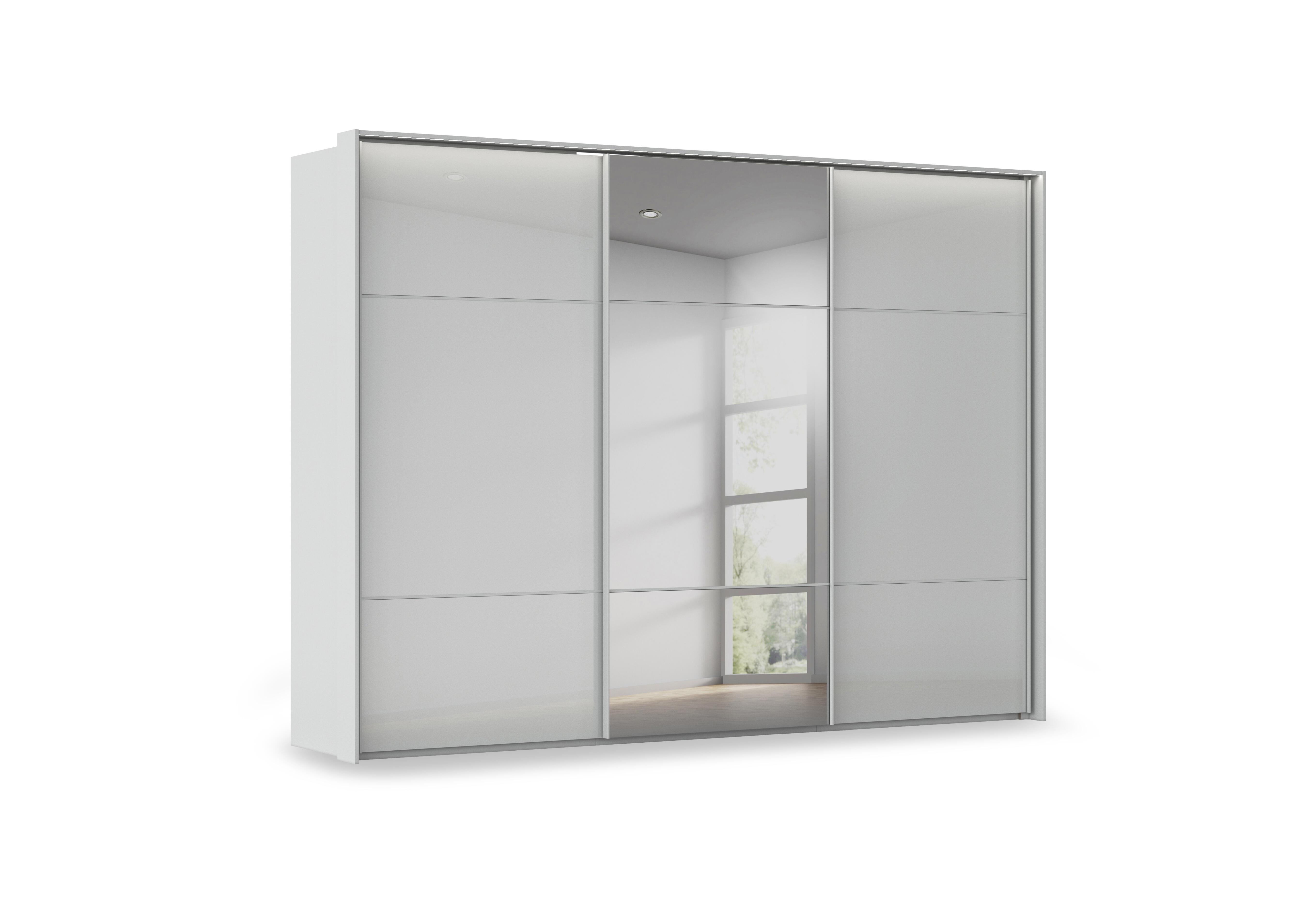 Haven 310cm 3 Door Slider Wardrobe with 2 Glass Doors, 1 Mirror Door and Lights in Agg2l Silk Gry Silk Gr Gls Frn on Furniture Village