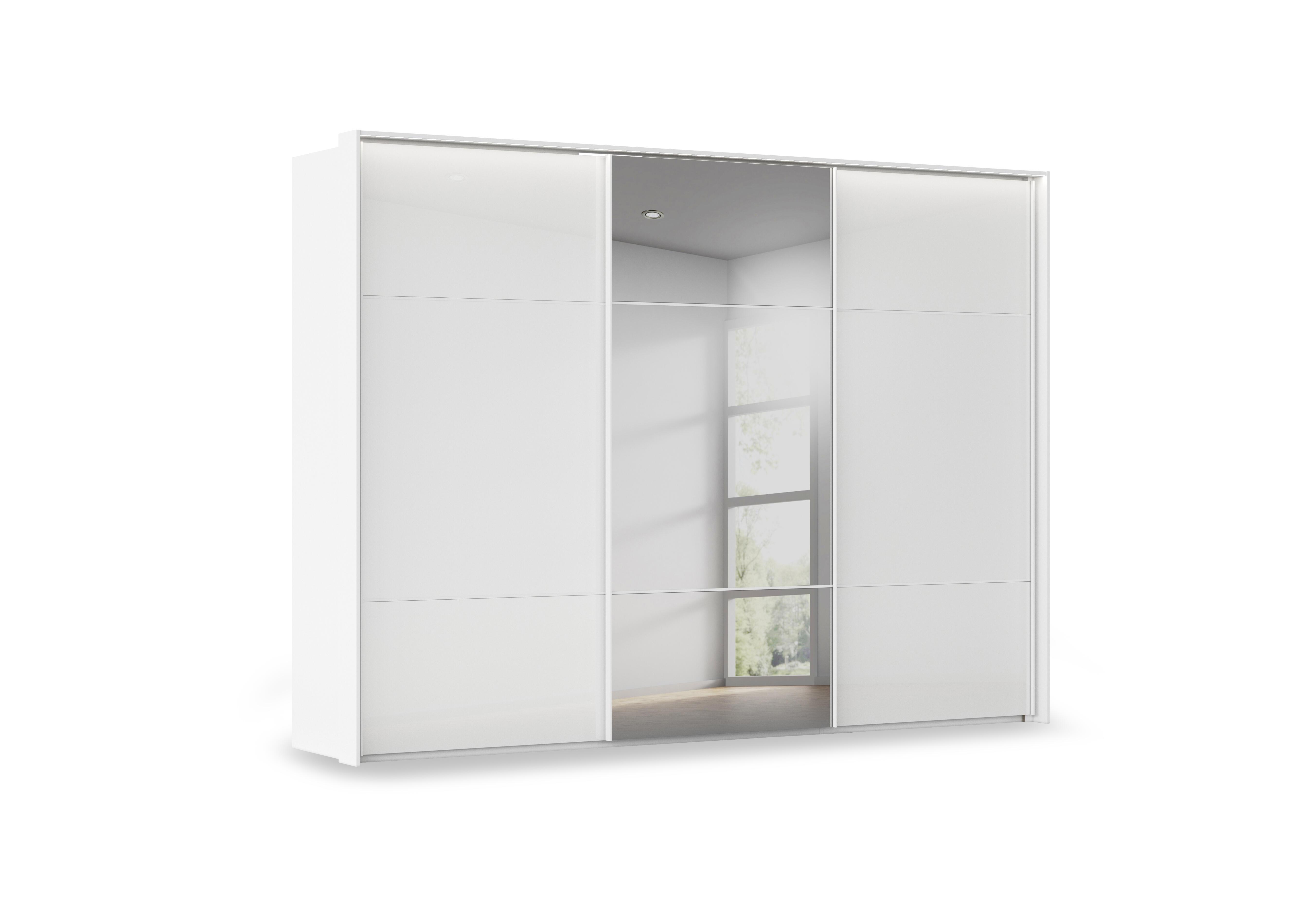 Haven 310cm 3 Door Slider Wardrobe with 2 Glass Doors, 1 Mirror Door and Lights in Awg1l Alpine Wht Wht Gls Frnt on Furniture Village