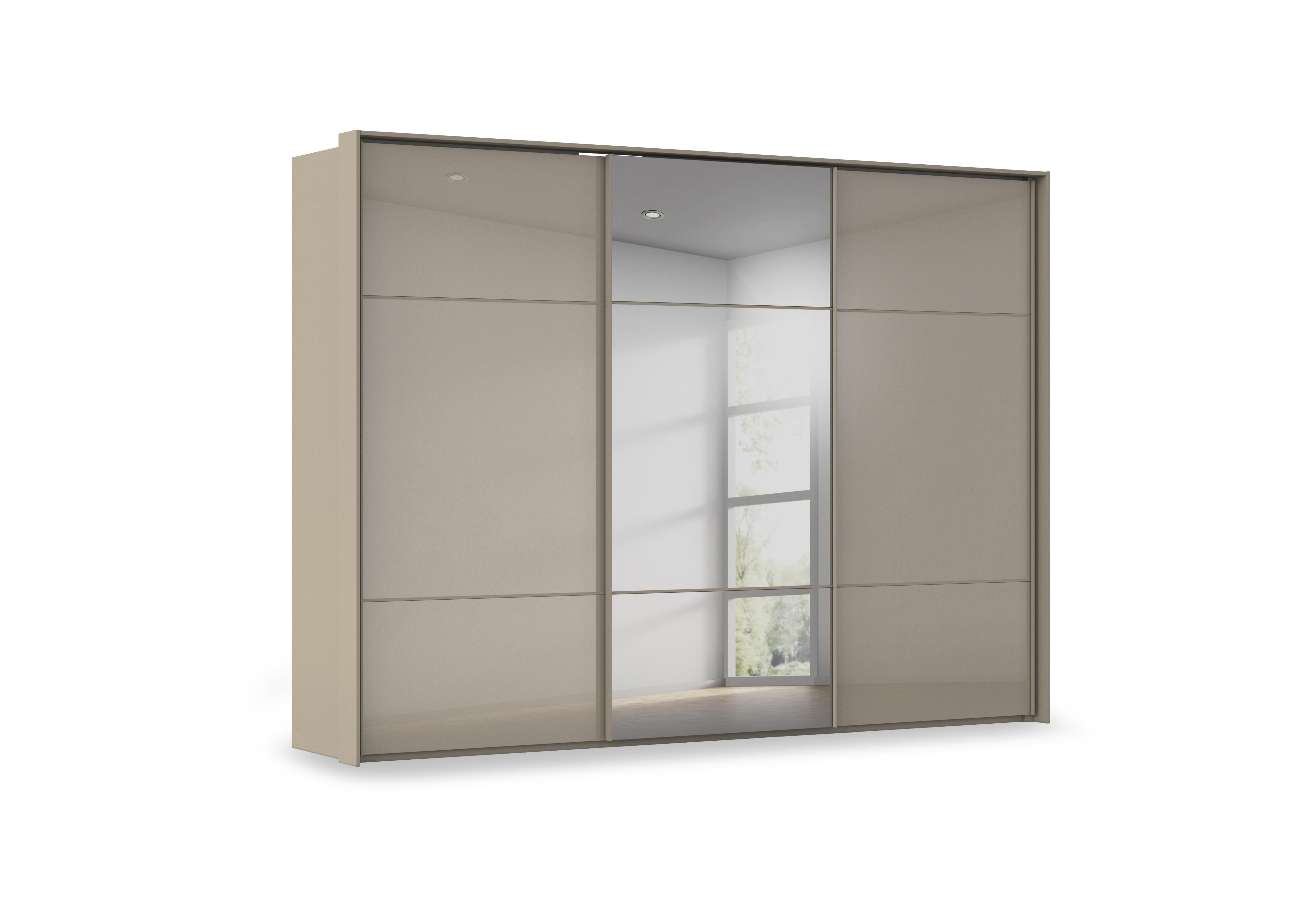Haven 310cm 3 Door Slider Wardrobe with 2 Glass Doors and 1 Mirror Door in Afg4l  Fango Fango Glass Front on Furniture Village