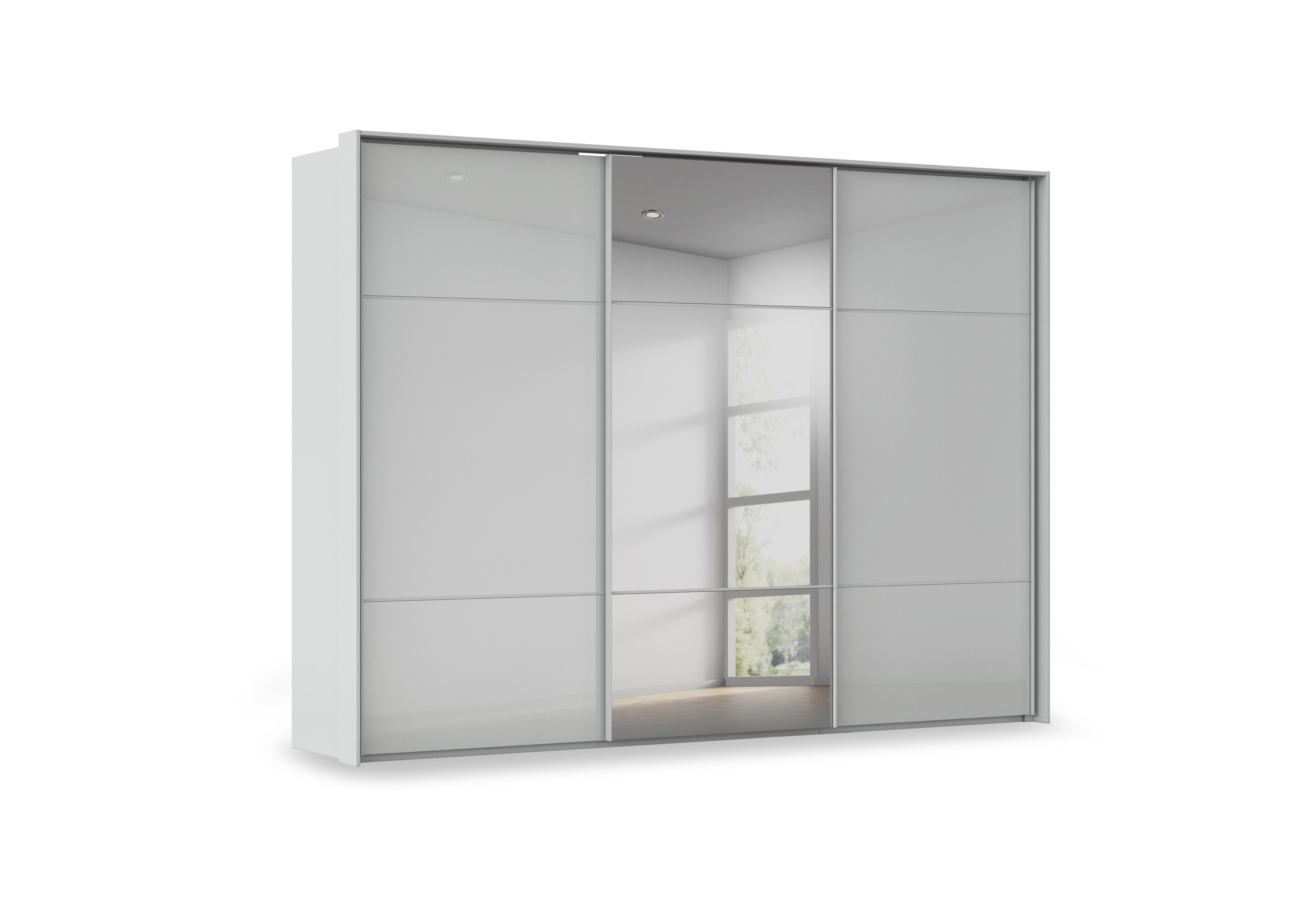Haven 310cm 3 Door Slider Wardrobe with 2 Glass Doors and 1 Mirror Door in Agg2l Silk Gry Silk Gr Gls Frn on Furniture Village