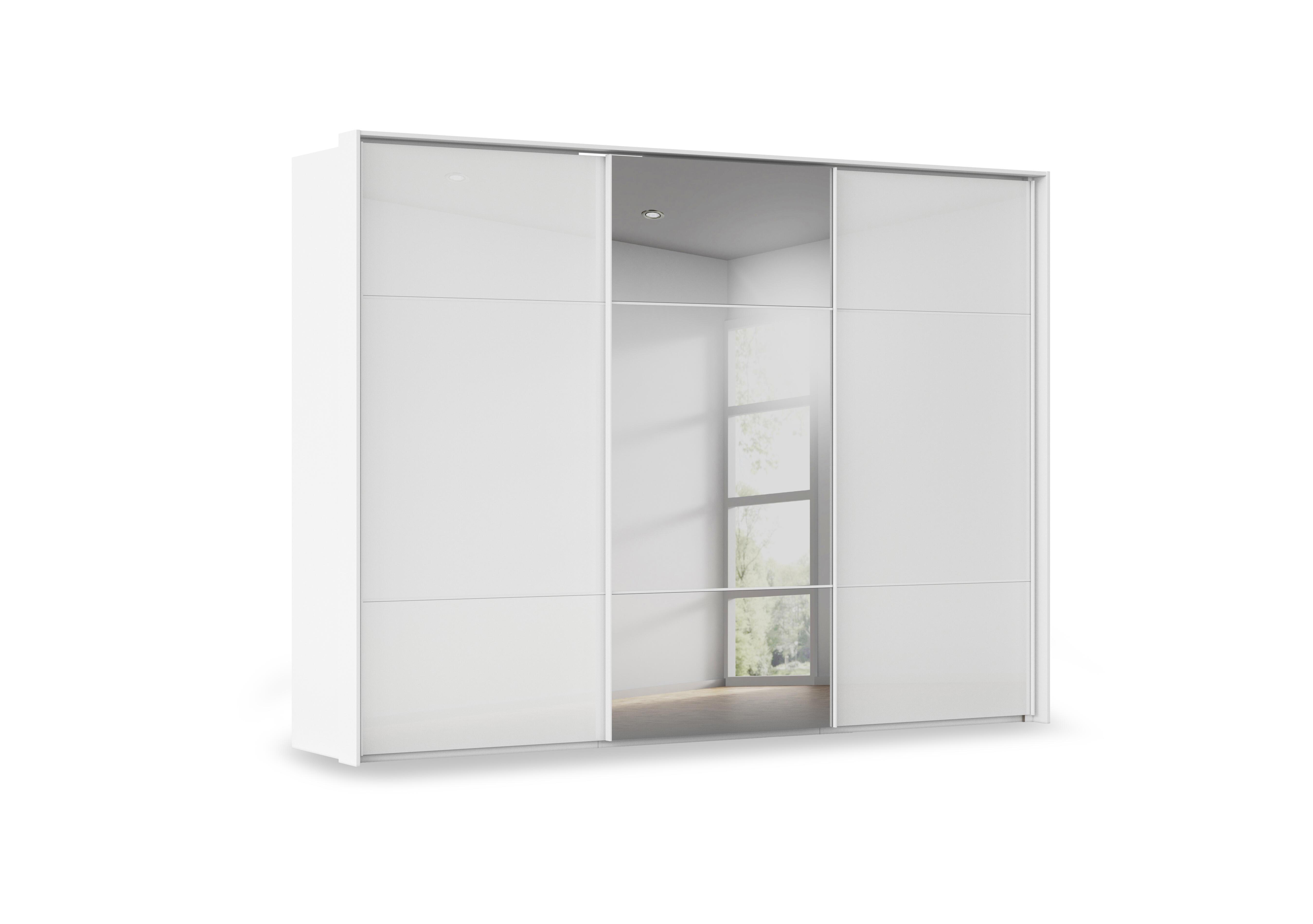 Haven 310cm 3 Door Slider Wardrobe with 2 Glass Doors and 1 Mirror Door in Awg1l Alpine Wht Wht Gls Frnt on Furniture Village