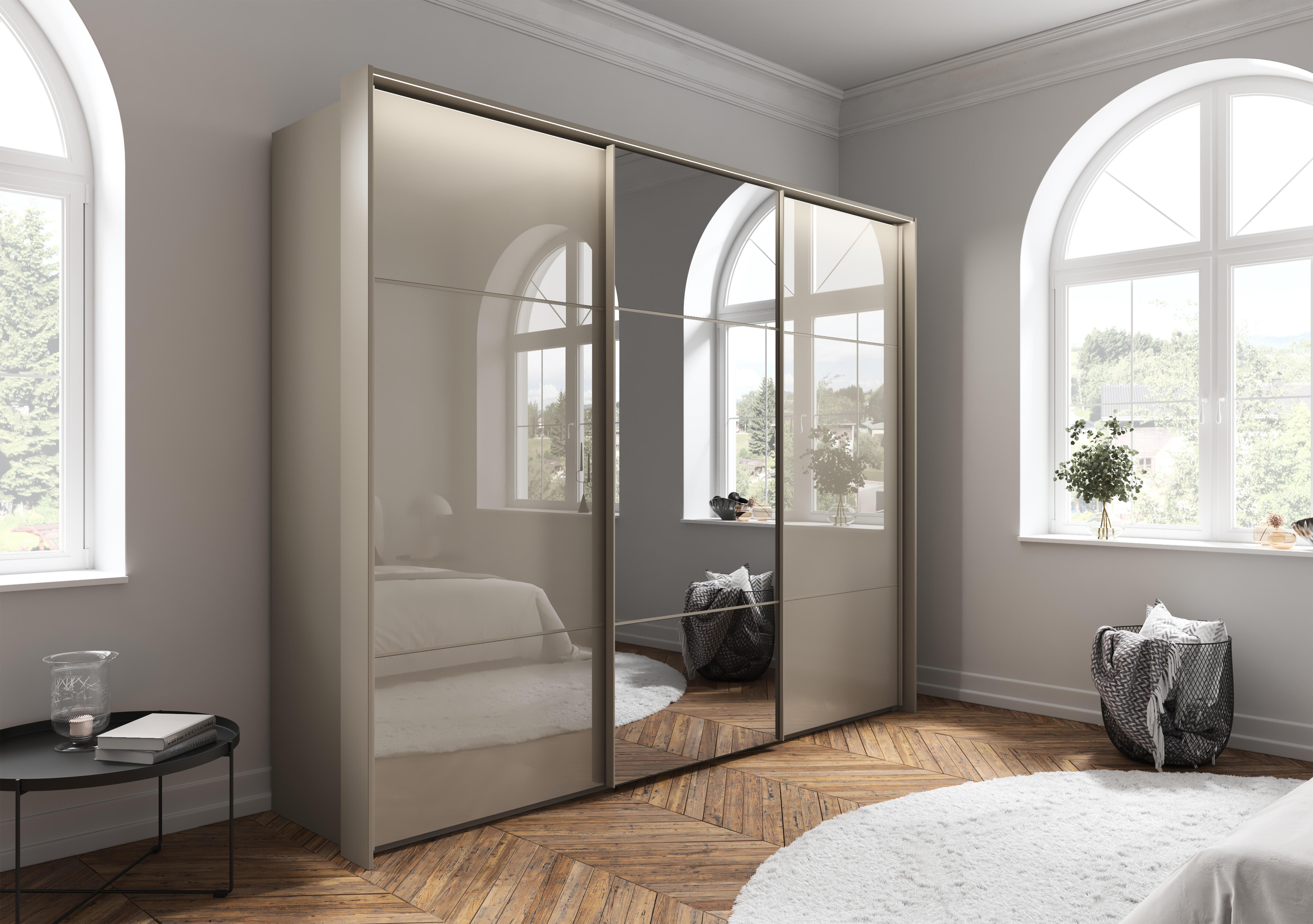 Haven 280cm 3 Door Slider Wardrobe with 2 Glass Doors, 1 Mirror Door and Lights in  on Furniture Village