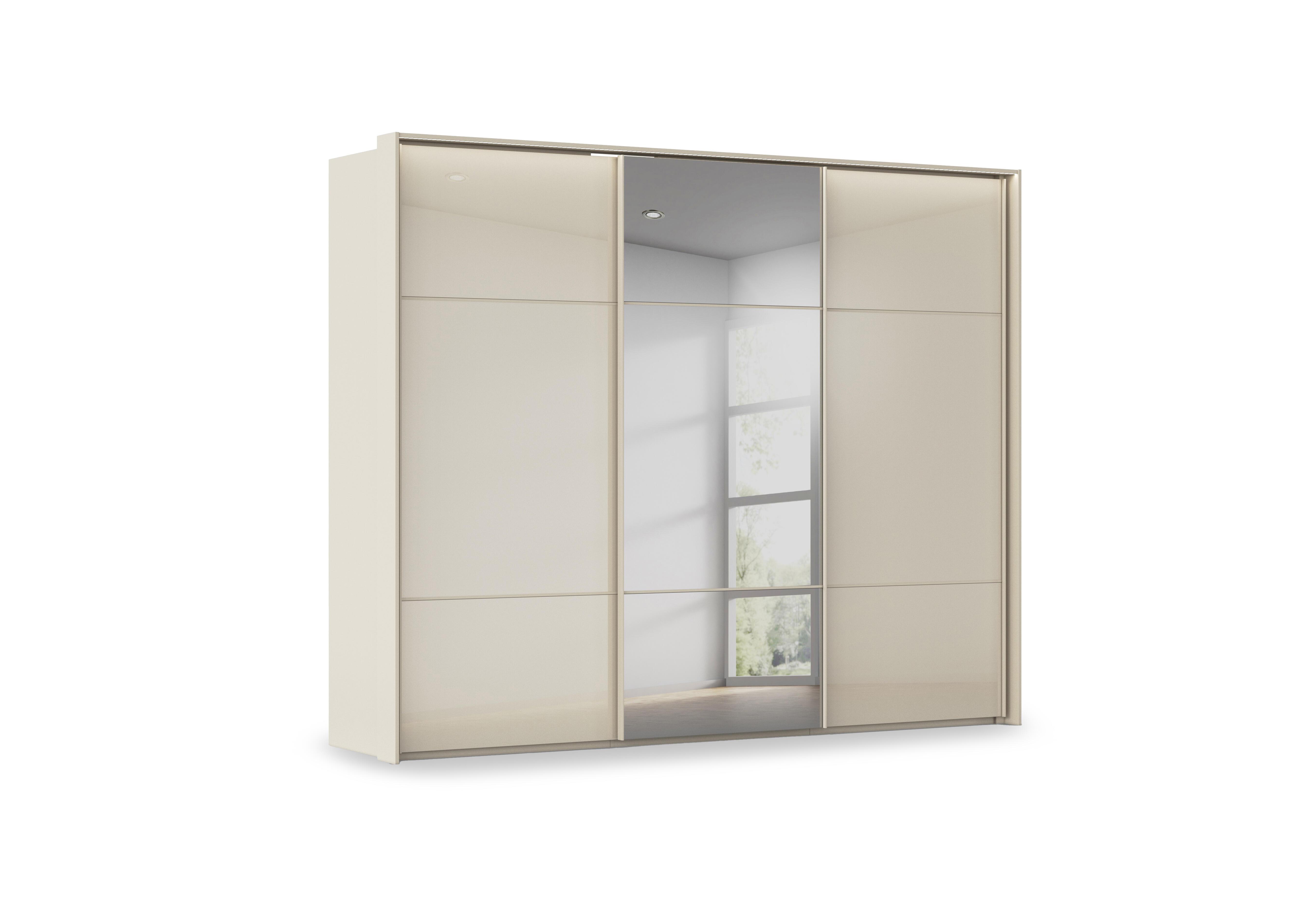 Haven 280cm 3 Door Slider Wardrobe with 2 Glass Doors, 1 Mirror Door and Lights in Acg3l  Champagne Champagne Gls on Furniture Village