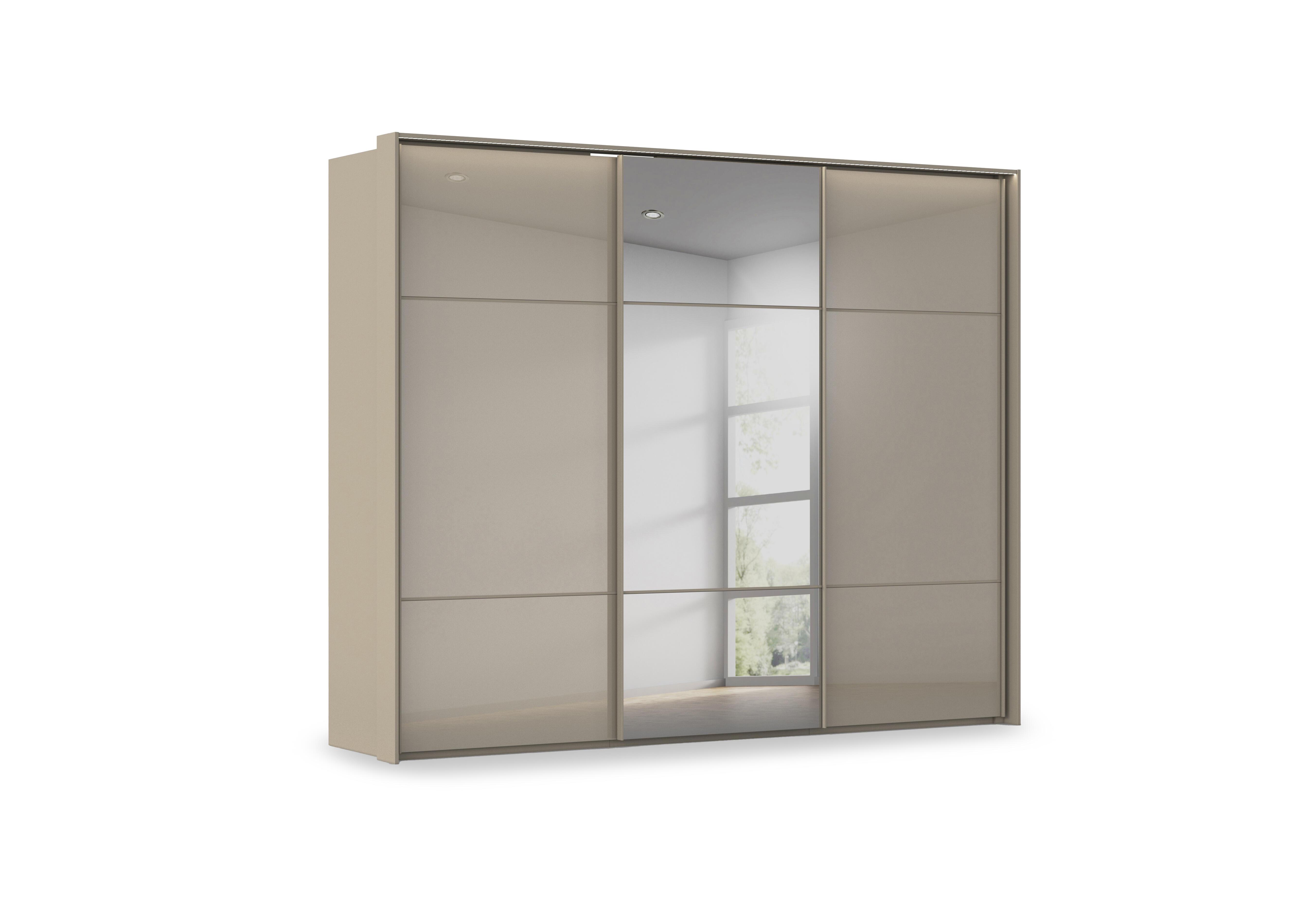 Haven 280cm 3 Door Slider Wardrobe with 2 Glass Doors, 1 Mirror Door and Lights in Afg4l  Fango Fango Glass Front on Furniture Village