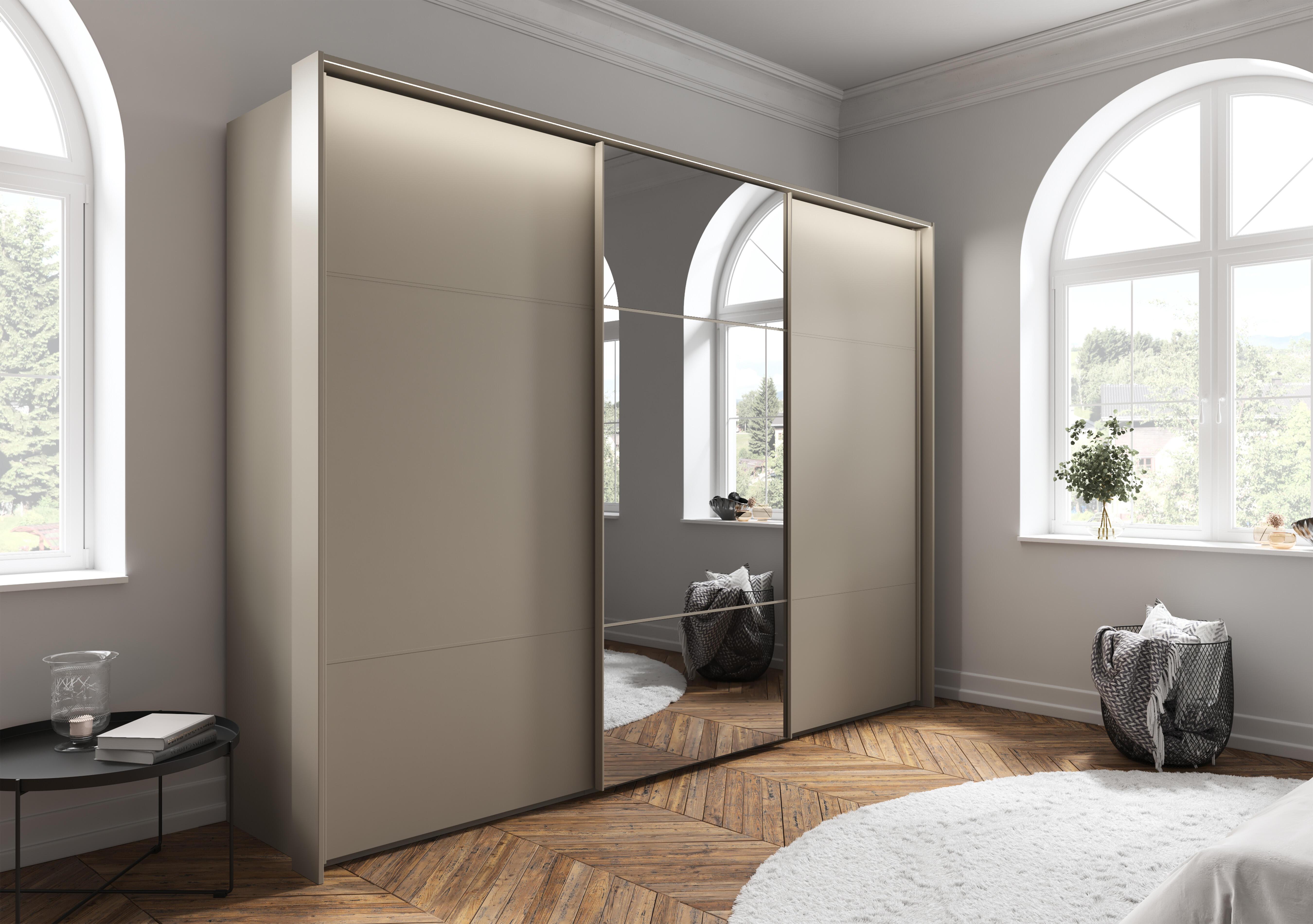 Haven 310cm 3 Door Slider Wardrobe with 2 Décor Doors, 1 Mirror Door and Lights in  on Furniture Village