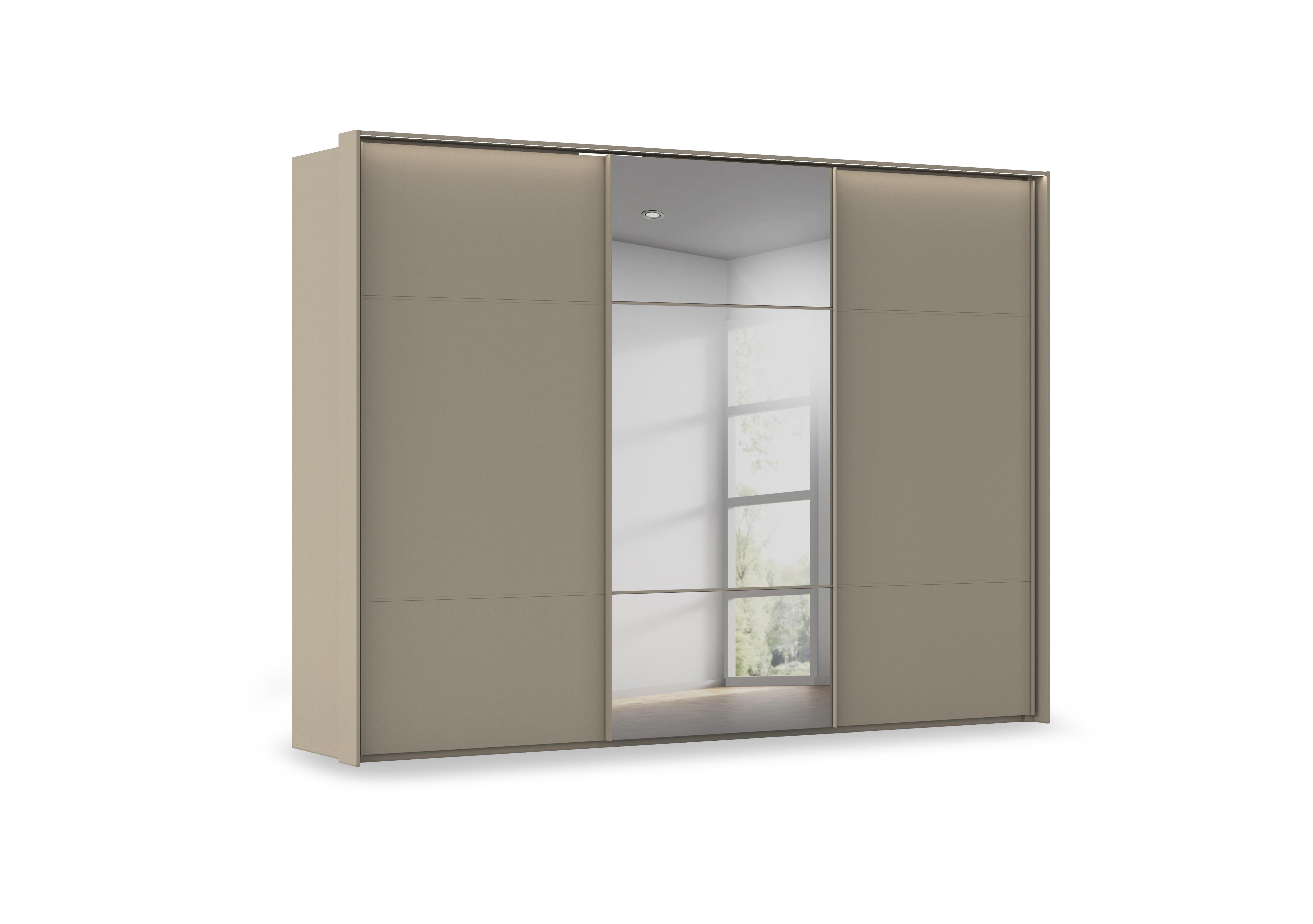 Haven 310cm 3 Door Slider Wardrobe with 2 Décor Doors, 1 Mirror Door and Lights in Afd4l Fango Fango Front on Furniture Village