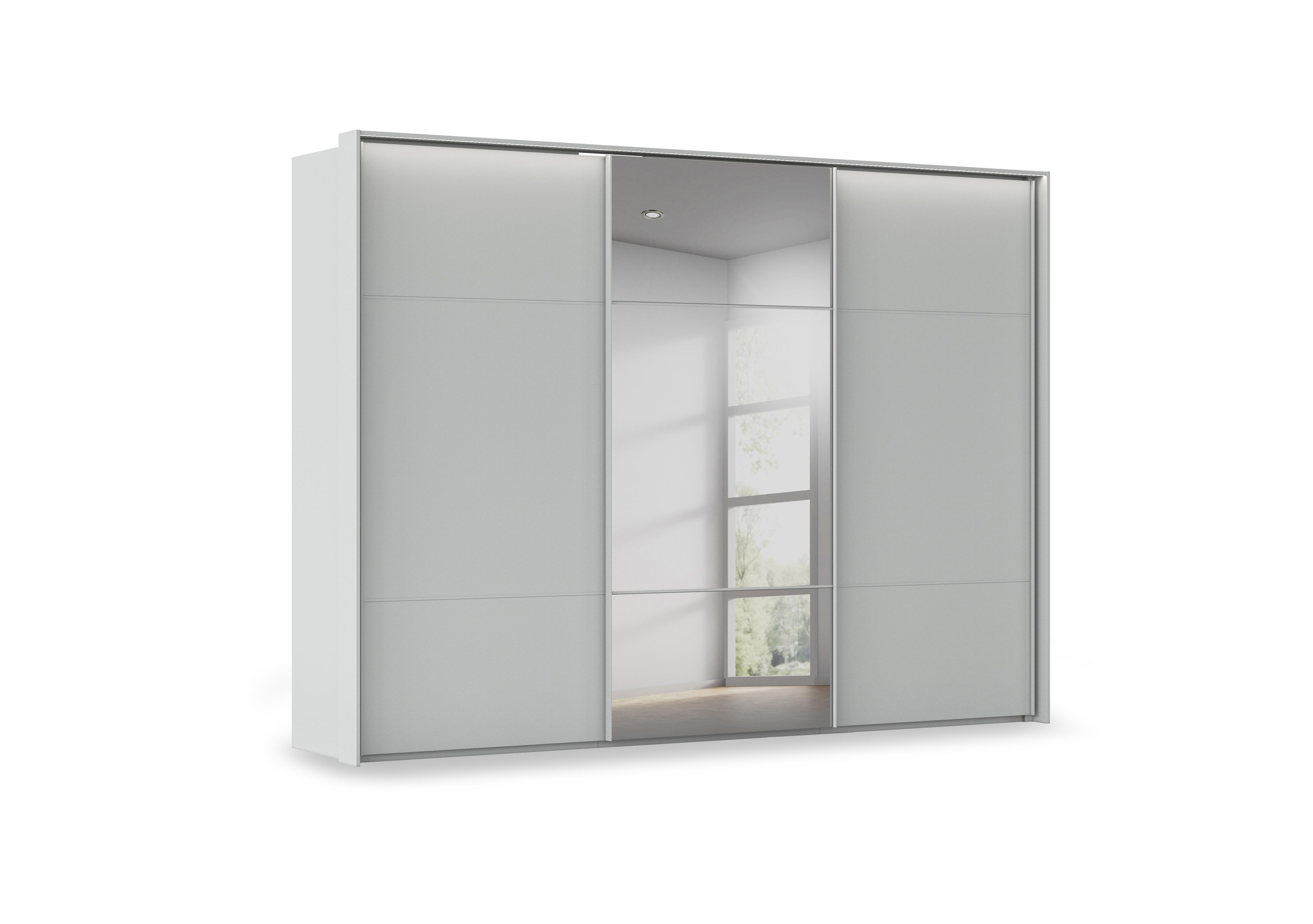 Haven 310cm 3 Door Slider Wardrobe with 2 Décor Doors, 1 Mirror Door and Lights in Agd2l Silk Grey Silk Grey Frnt on Furniture Village
