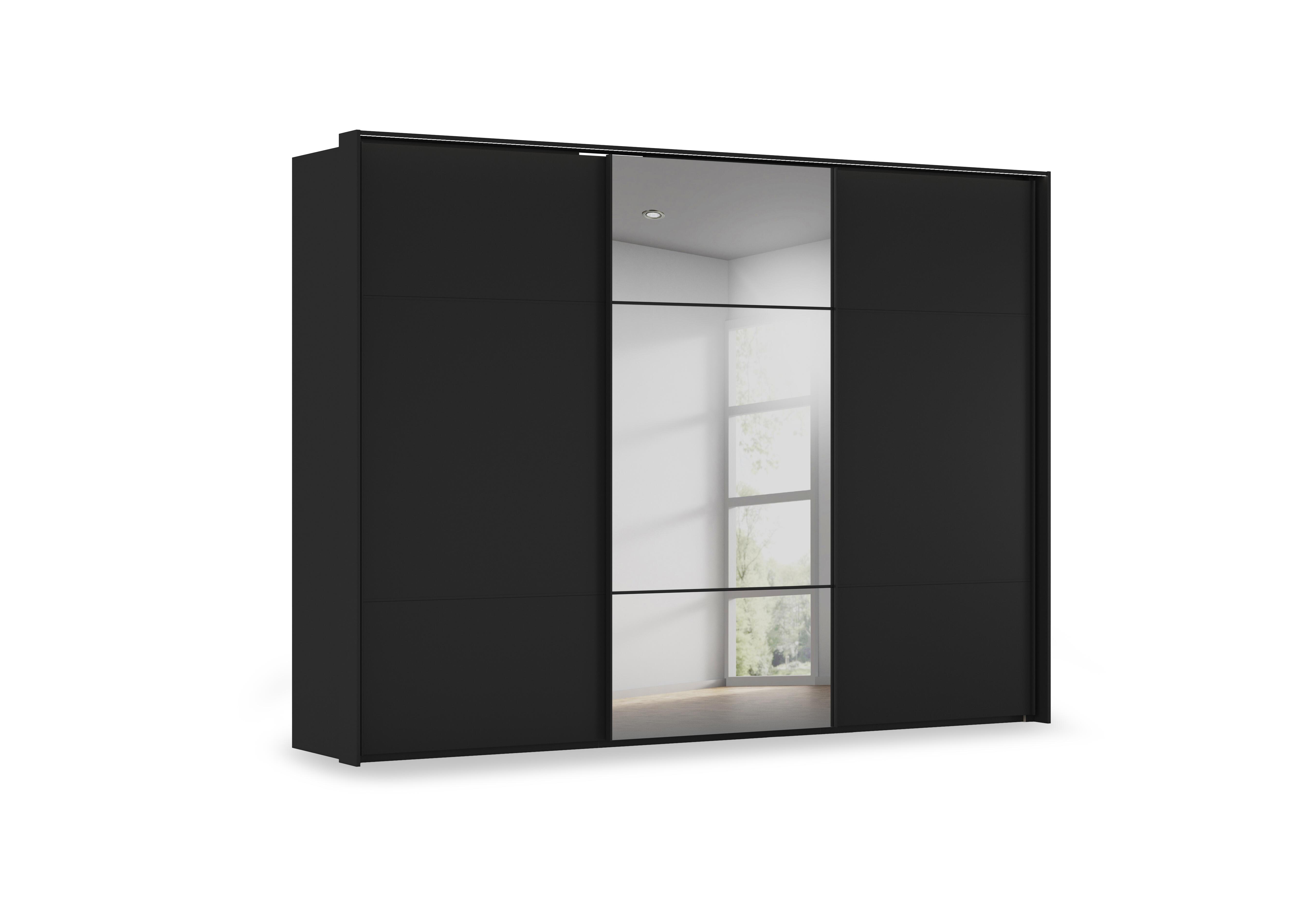 Haven 310cm 3 Door Slider Wardrobe with 2 Décor Doors, 1 Mirror Door and Lights in Asd5t  Black Black Front on Furniture Village