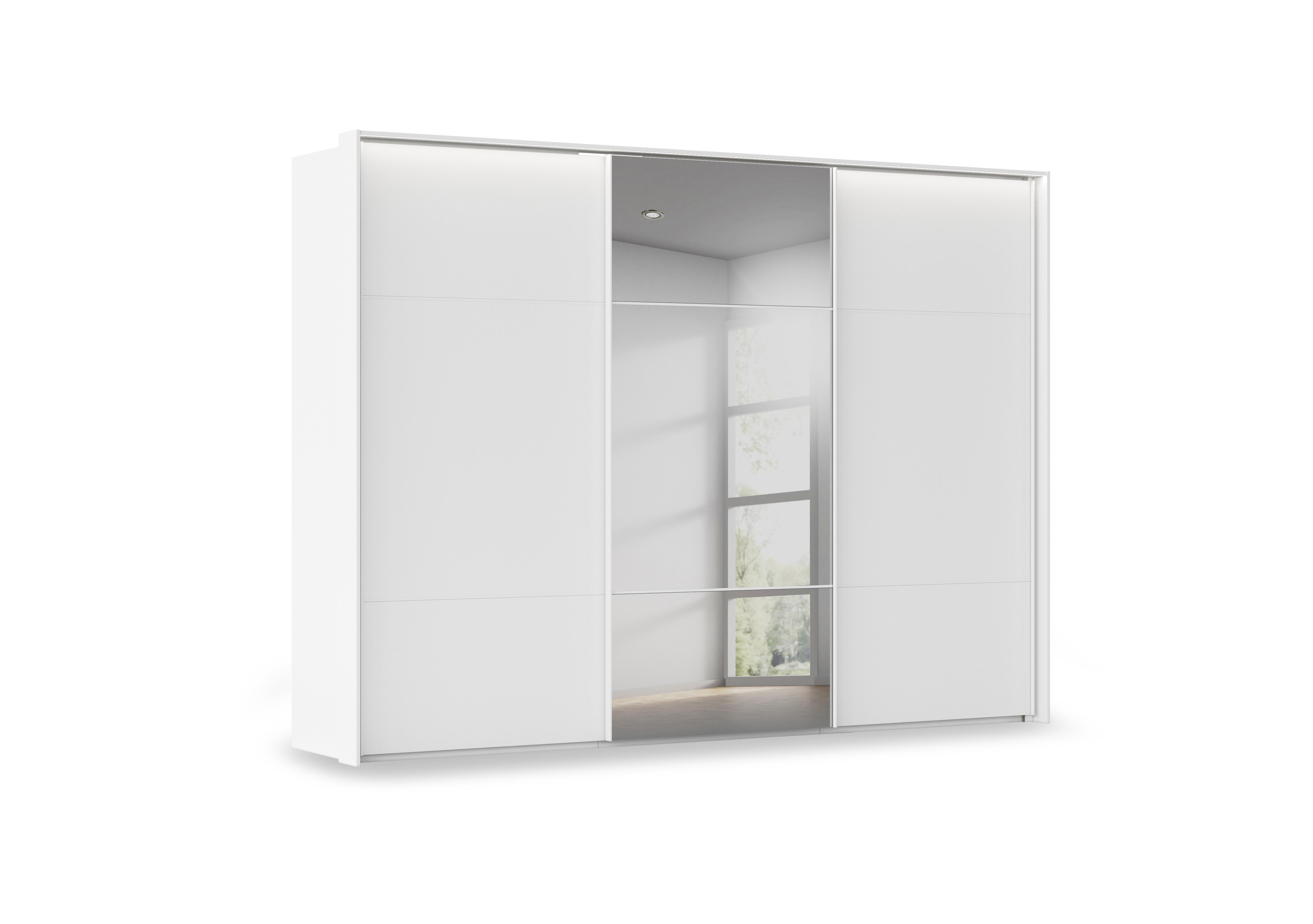 Haven 310cm 3 Door Slider Wardrobe with 2 Décor Doors, 1 Mirror Door and Lights in Awd1l Alpine White White Front on Furniture Village