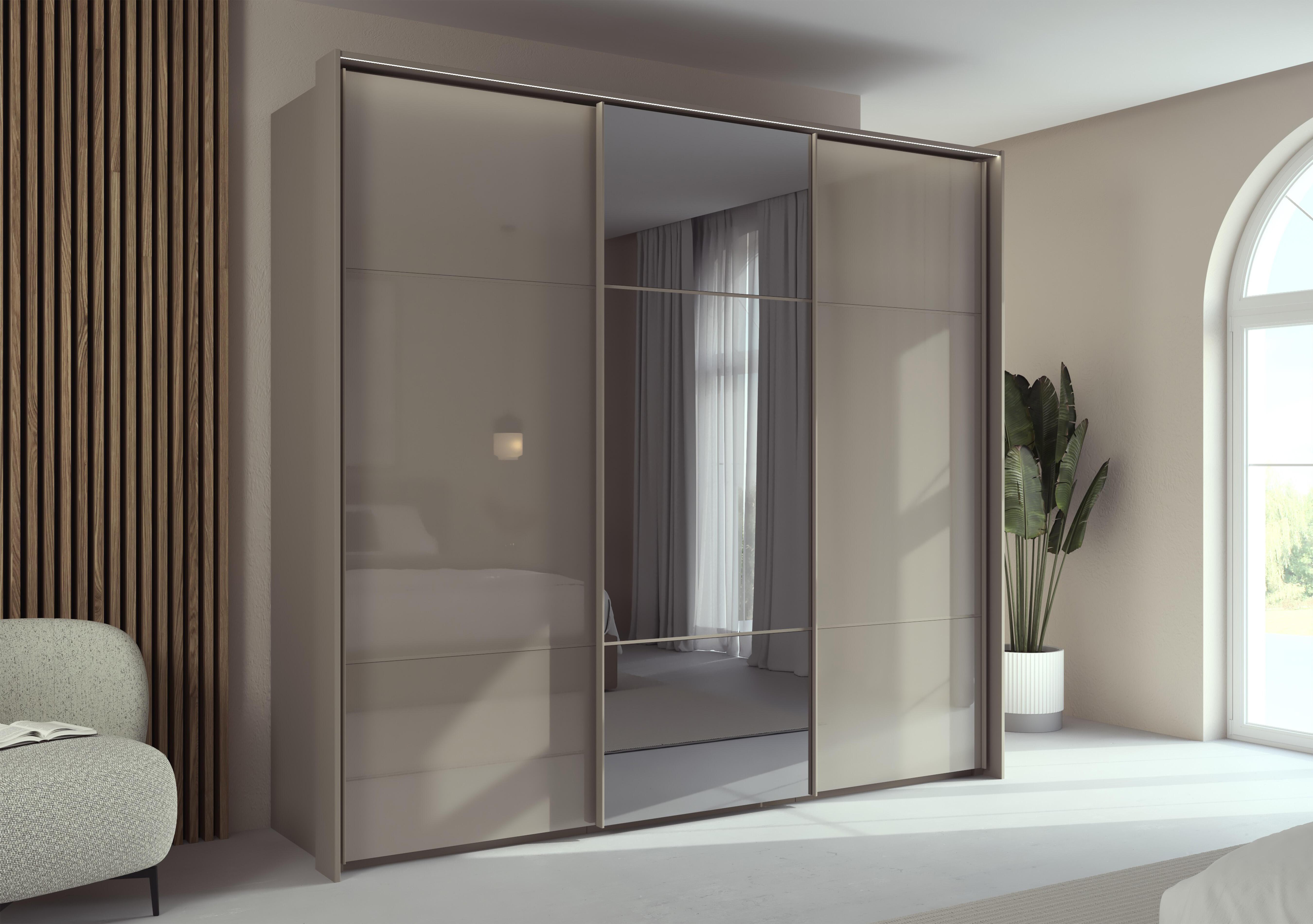Haven 250cm 3 Door Slider Wardrobe with 2 Glass Doors, 1 Mirror Door and Lights in  on Furniture Village