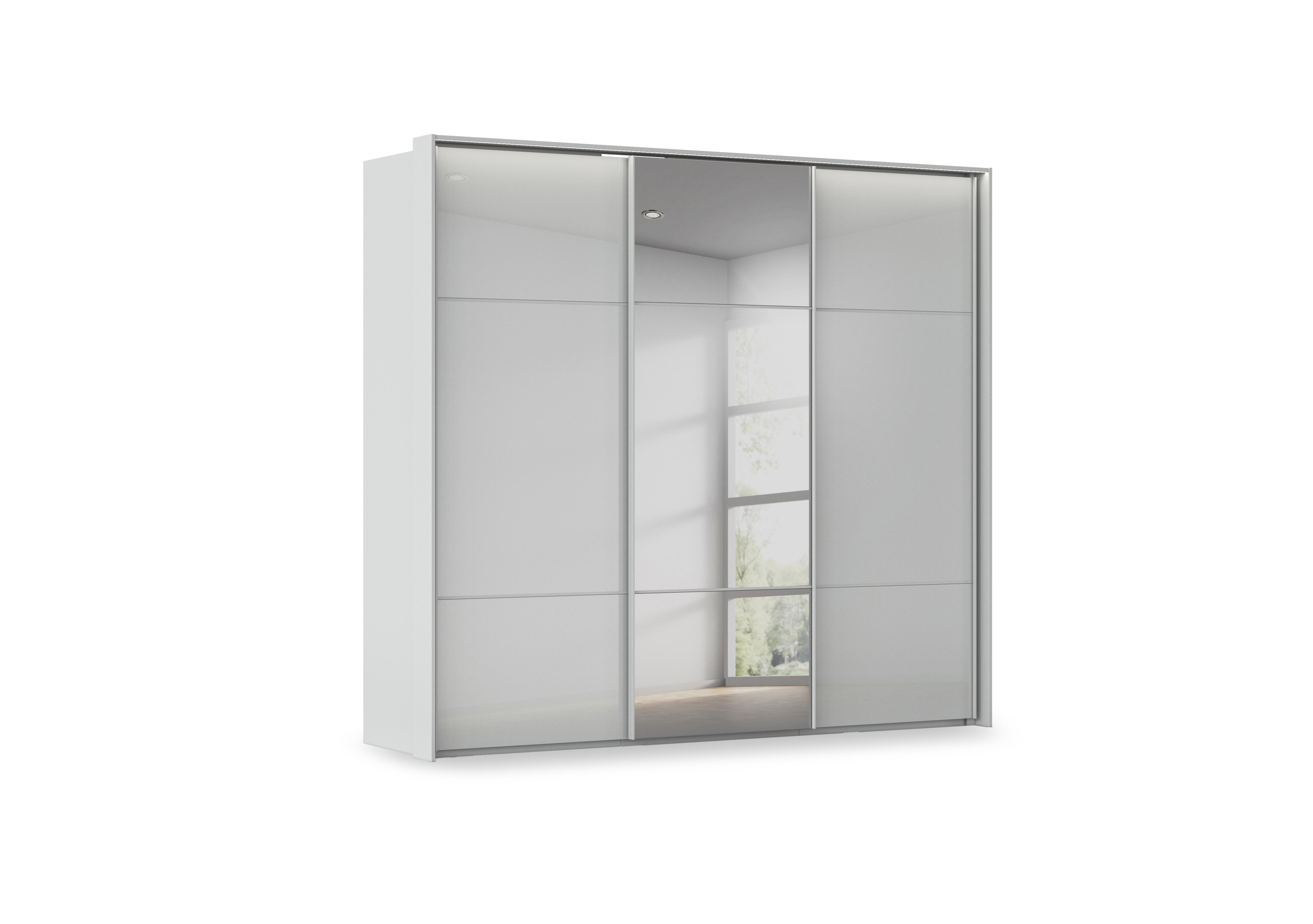 Haven 250cm 3 Door Slider Wardrobe with 2 Glass Doors, 1 Mirror Door and Lights in Agg2l Silk Gry Silk Gr Gls Frn on Furniture Village