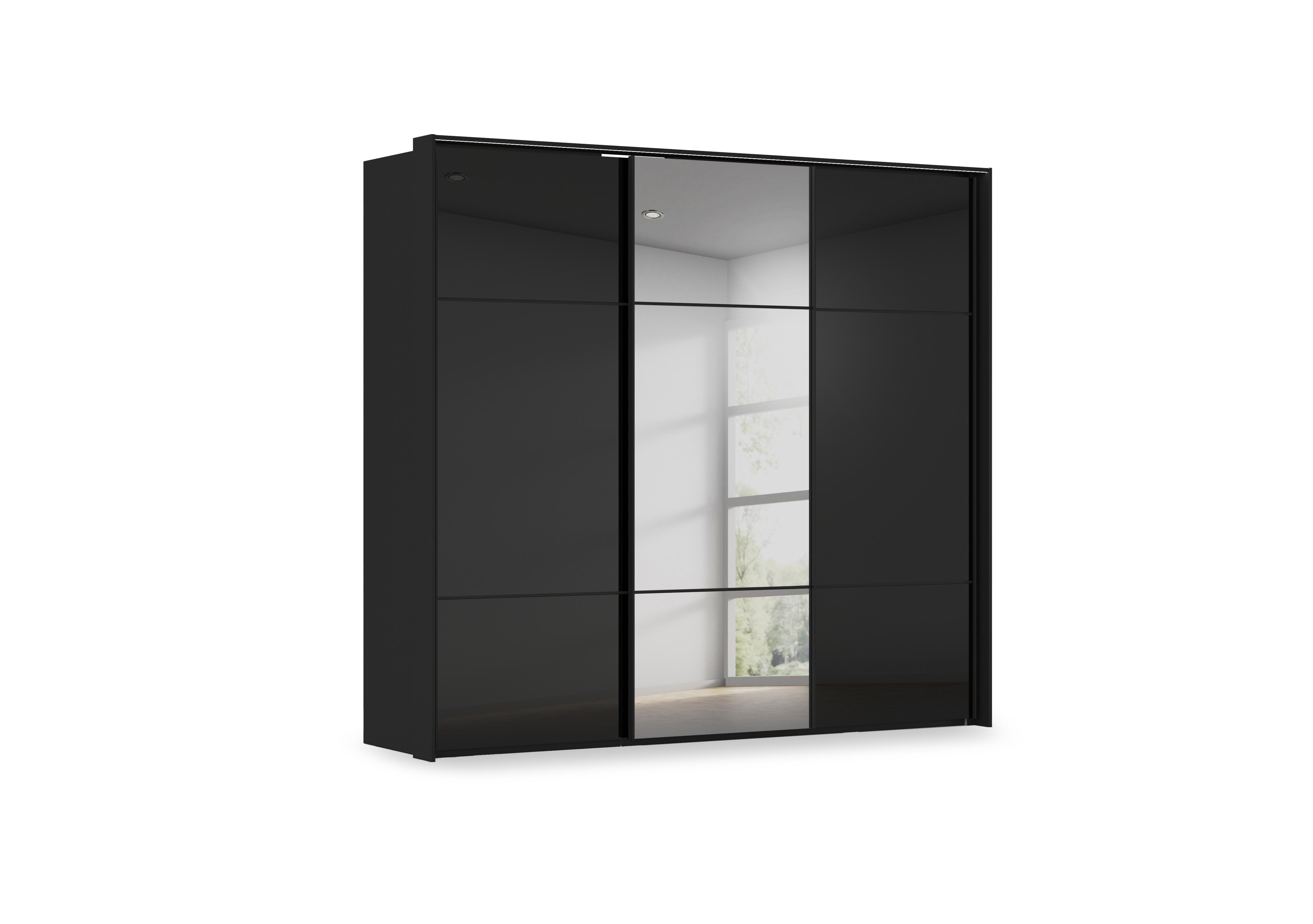 Haven 250cm 3 Door Slider Wardrobe with 2 Glass Doors, 1 Mirror Door and Lights in Asg5t  Black Black Glass Front on Furniture Village