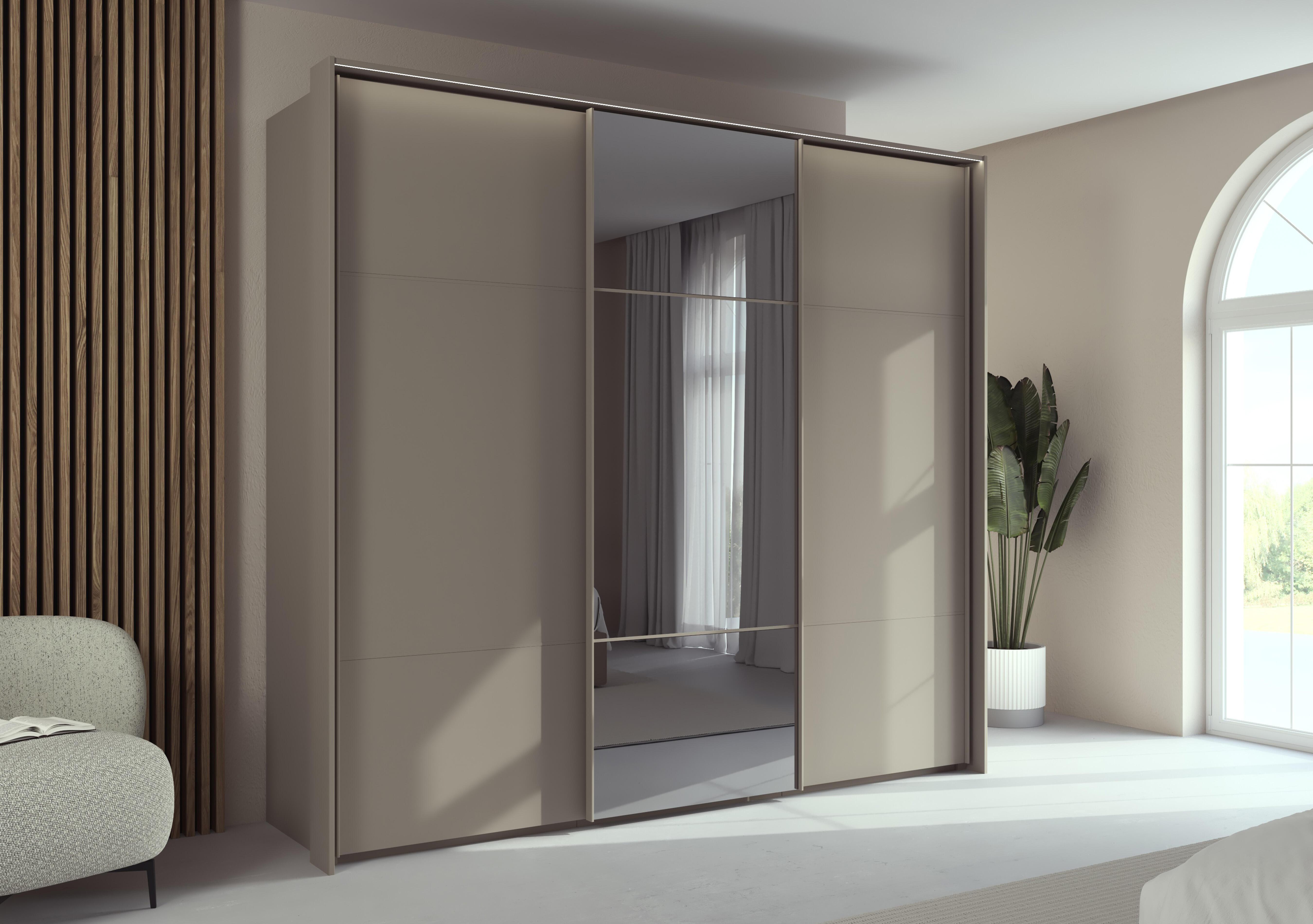 Haven 250cm 3 Door Slider Wardrobe with 2 Décor Doors, 1 Mirror Door and Lights in  on Furniture Village