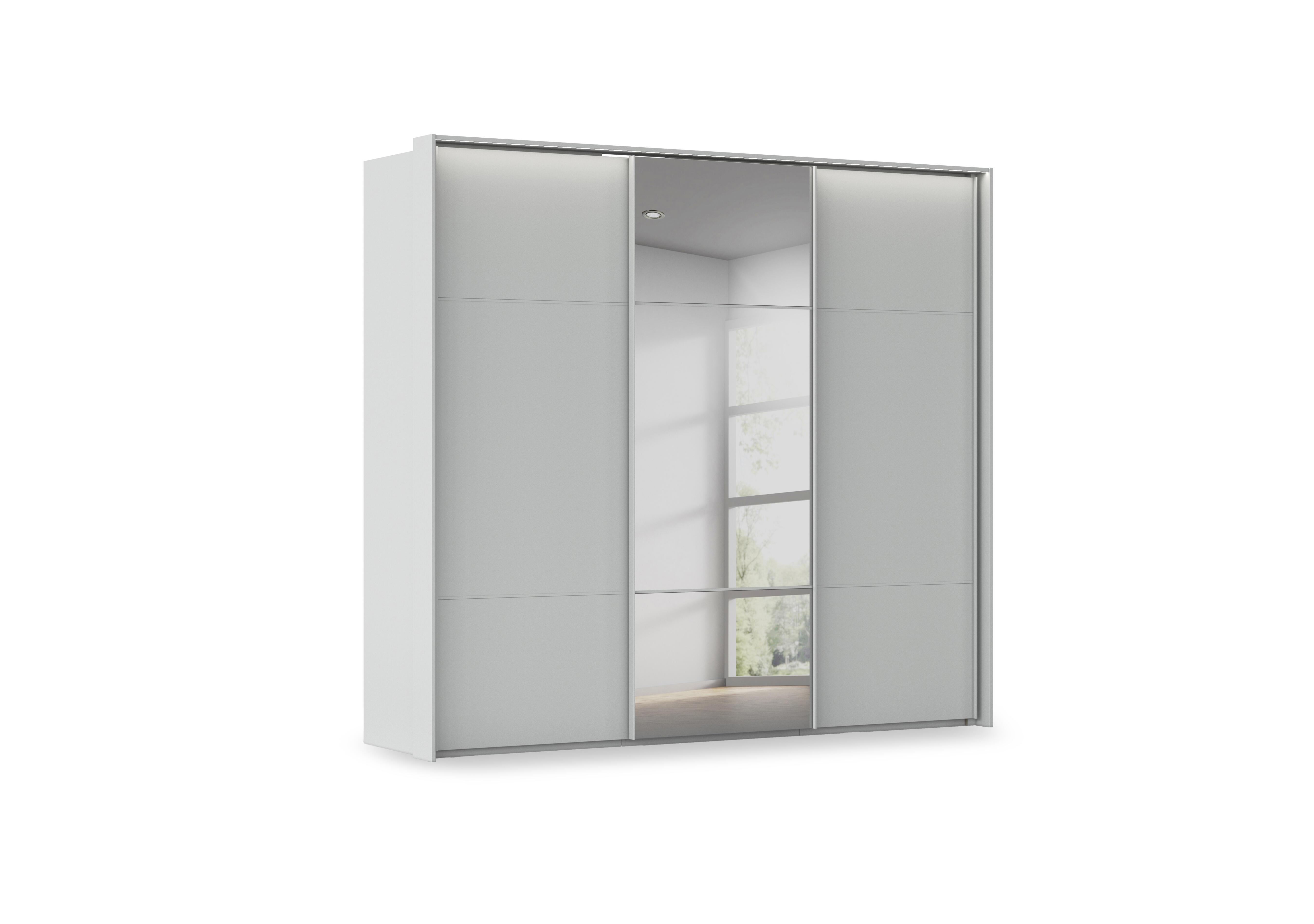 Haven 250cm 3 Door Slider Wardrobe with 2 Décor Doors, 1 Mirror Door and Lights in Agd2l Silk Grey Silk Grey Frnt on Furniture Village