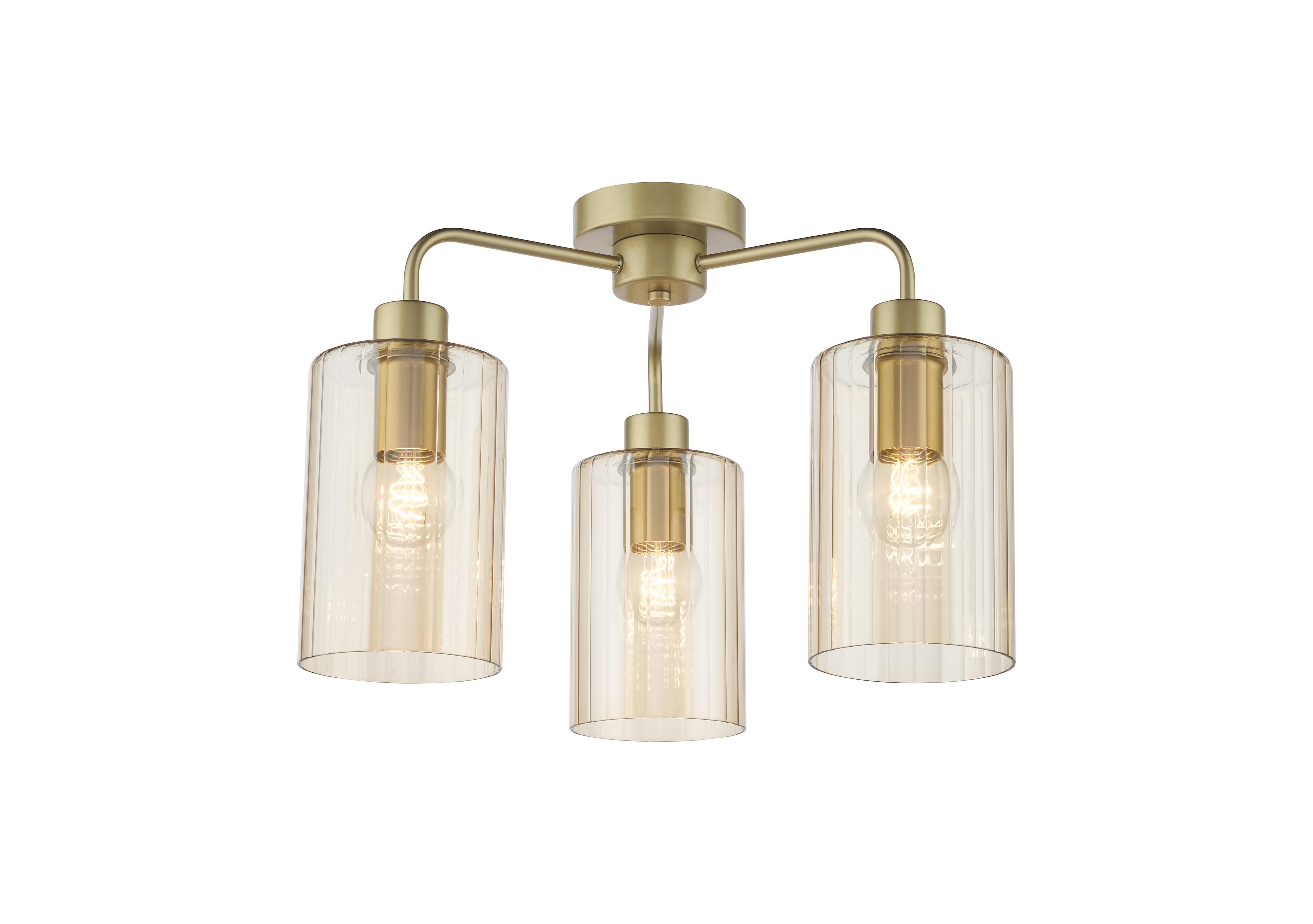 Velari 3 Light Semi Flush Pendant in Gold Amber Glass on Furniture Village