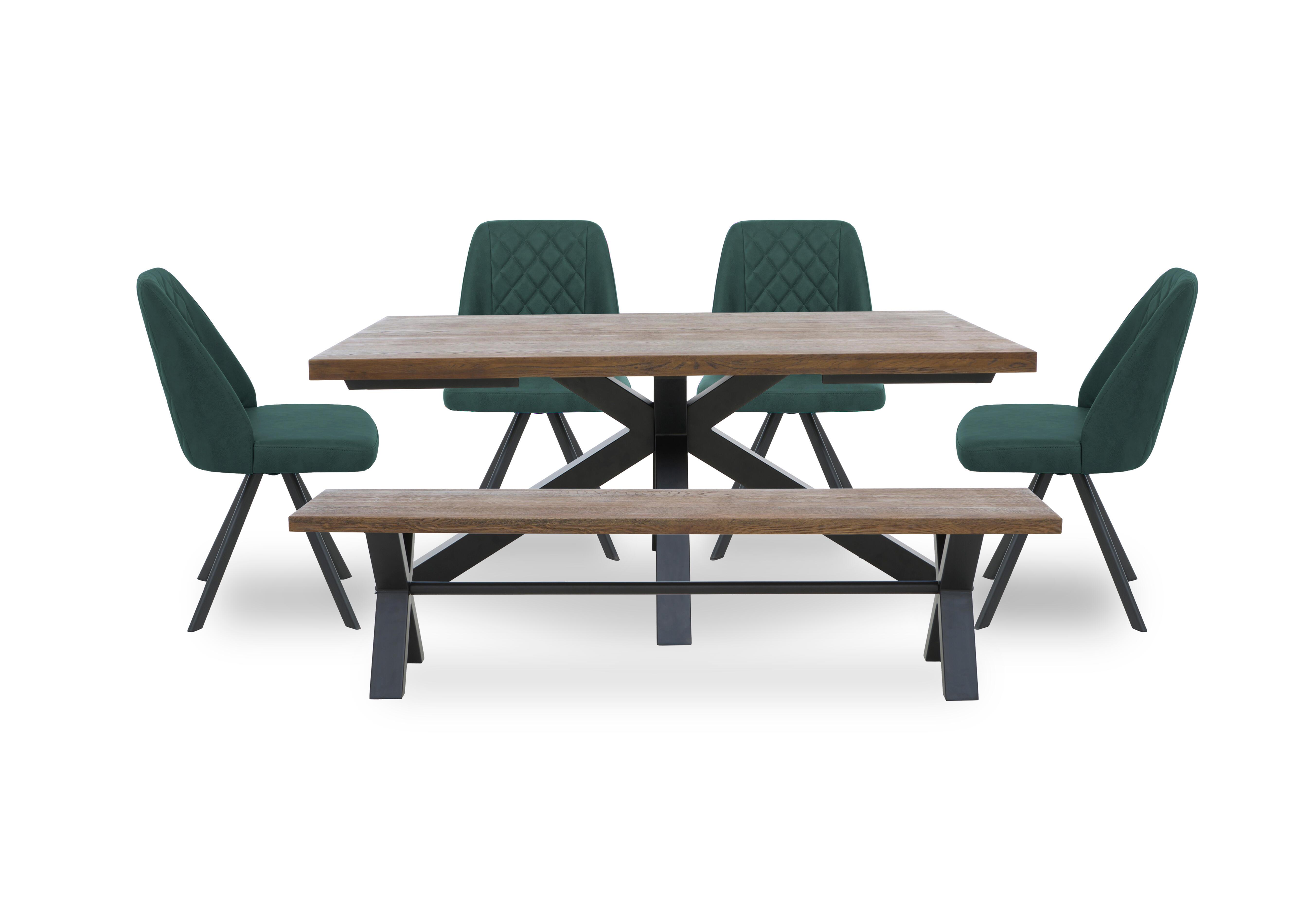 Jupiter Dining Table with Star Base, Dining Bench and 4 Swivel Dining Chairs in Green on Furniture Village