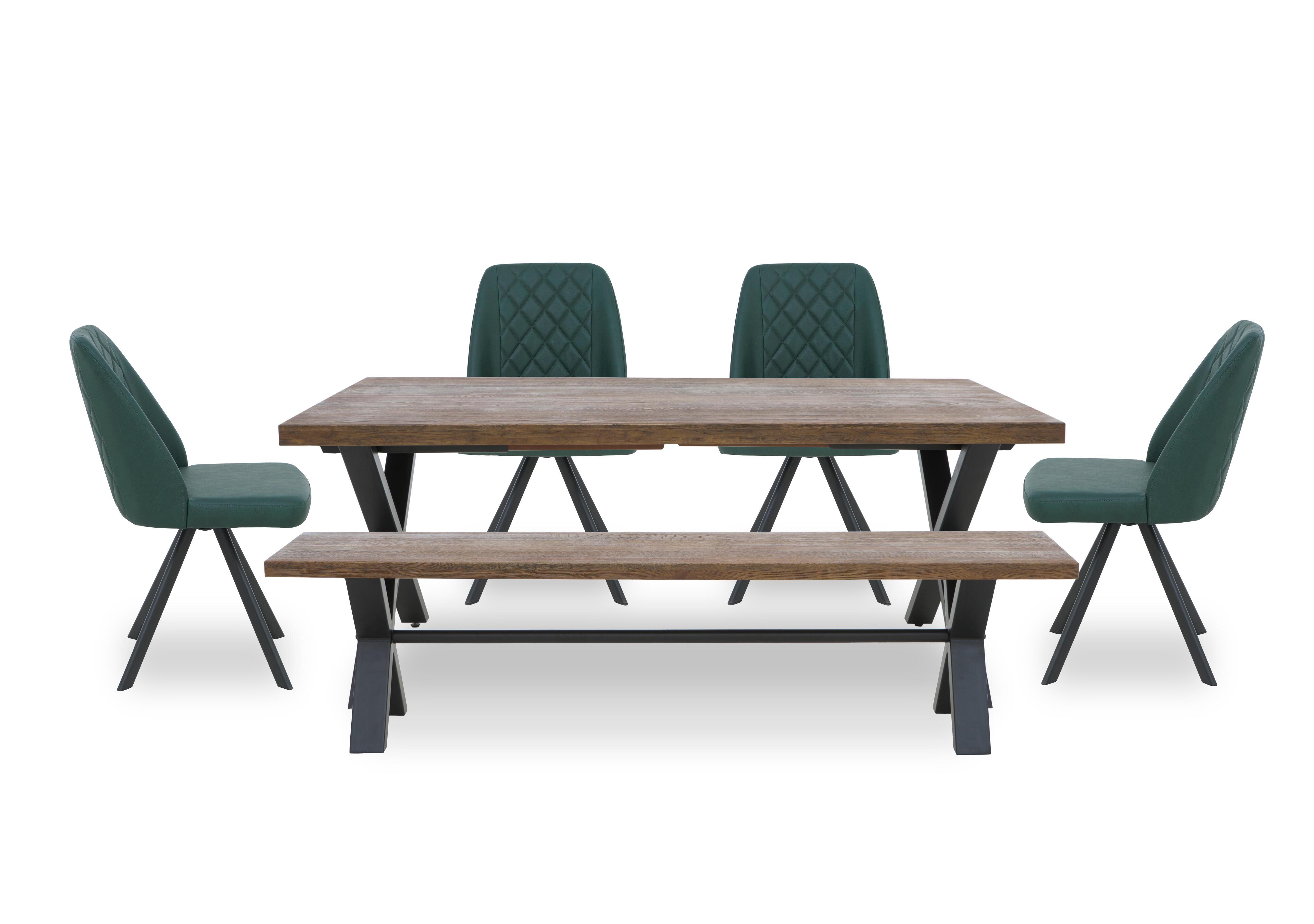 Jupiter Large Dining Table with X Shaped Legs, Dining Bench and 4 Swivel Dining Chairs in Green on Furniture Village