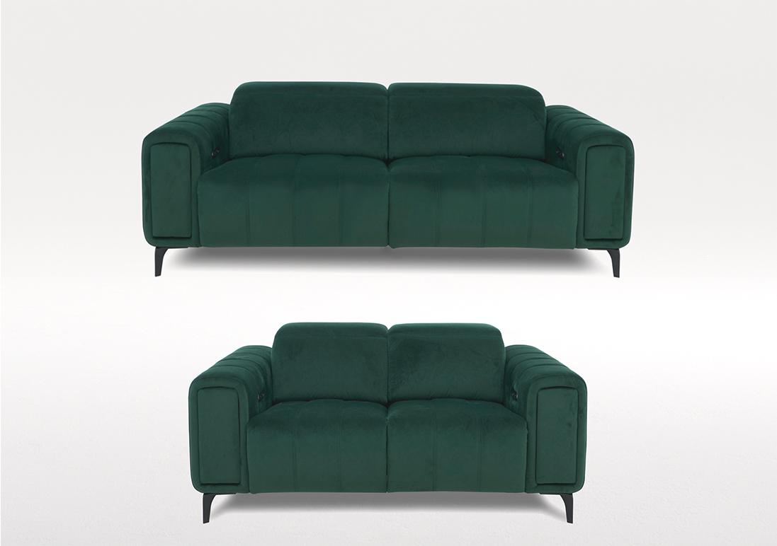 Elphaba 2 Seater and 3 Seater Fabric Power Recliner Sofas with Storage Arms Set in Opulence Bottle Green 51011 on Furniture Village
