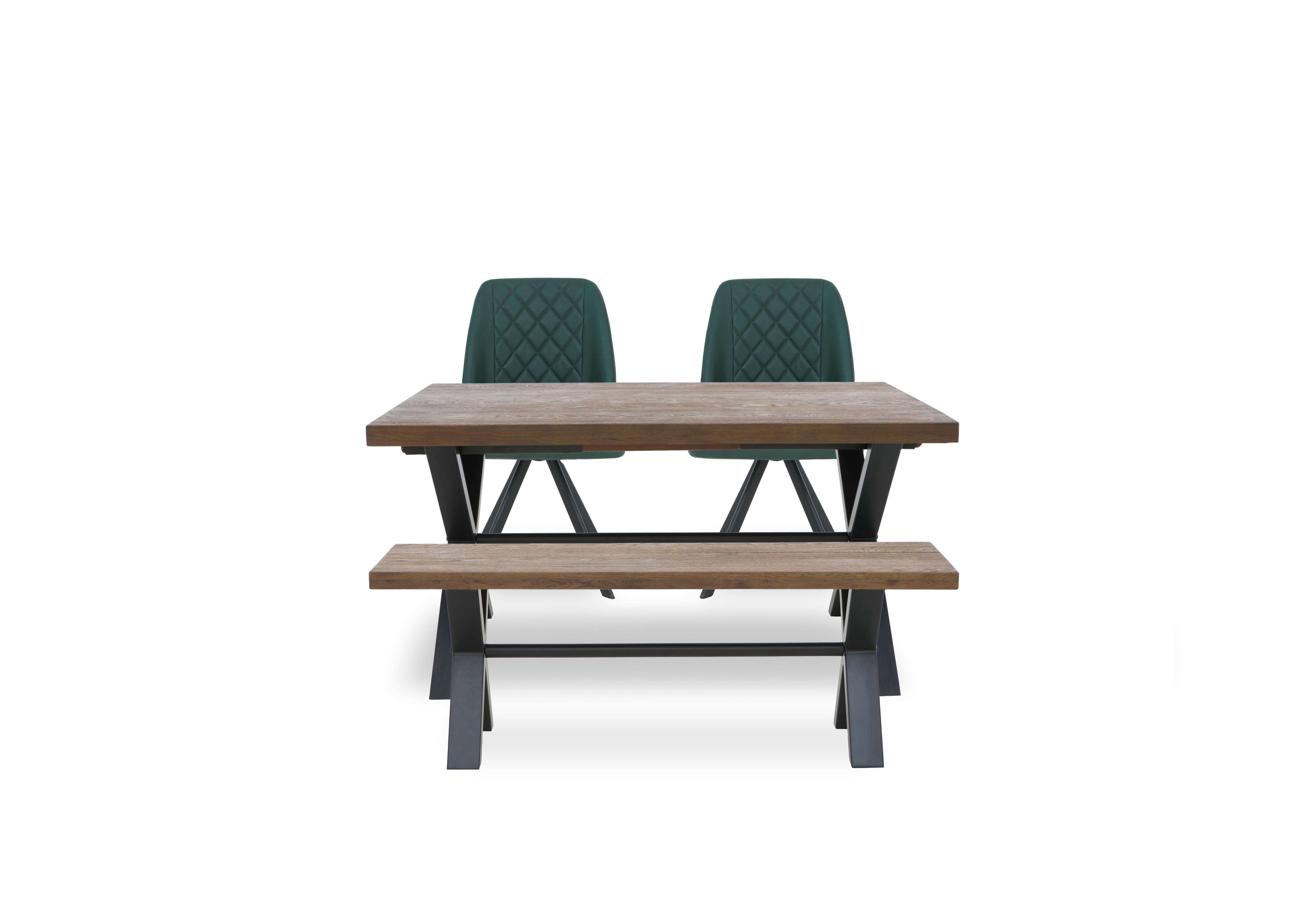 Jupiter Small Dining Table with X Shaped Legs, Dining Bench and 2 Swivel Dining Chairs in Green on Furniture Village