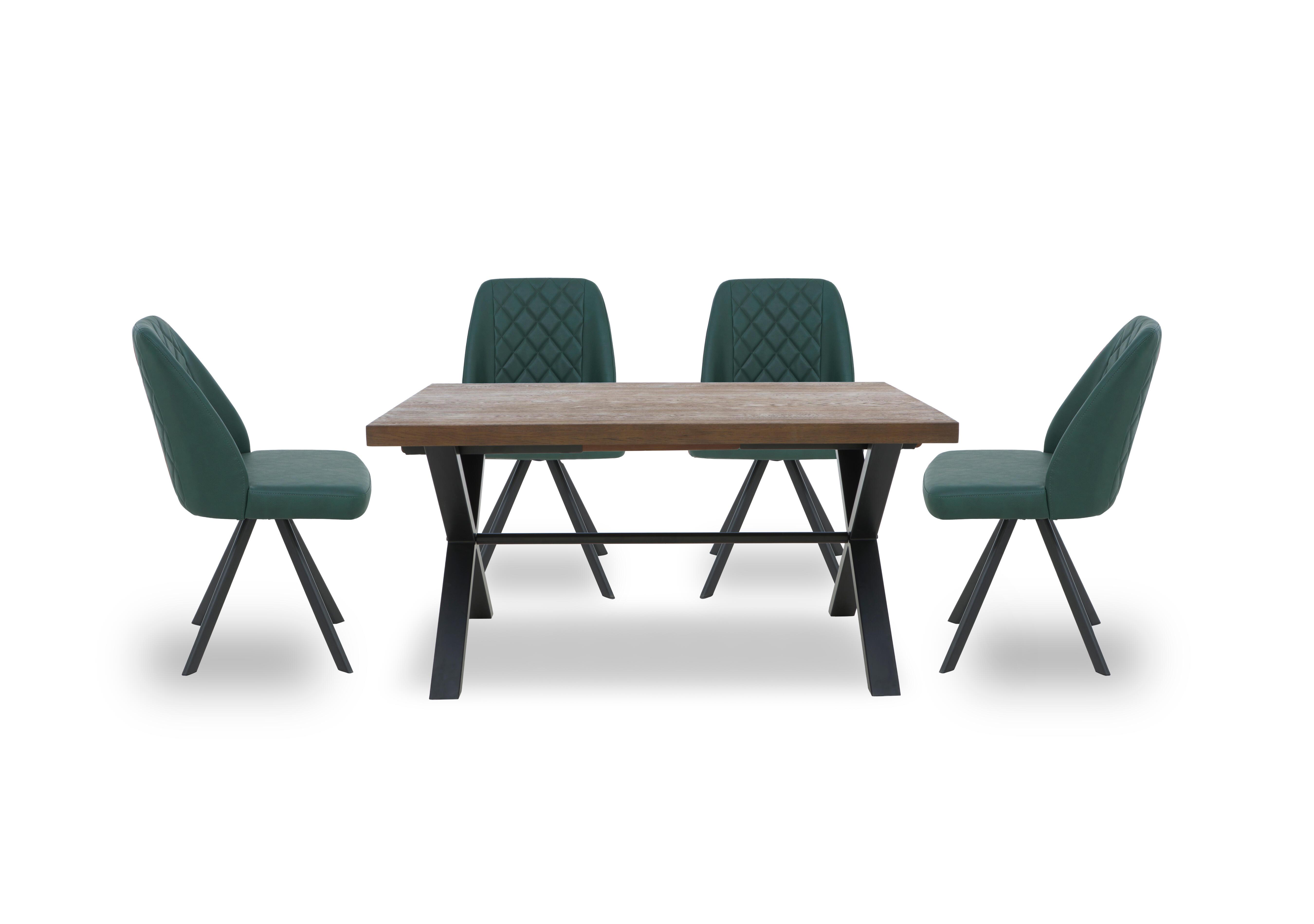 Jupiter Dining Table with X Shaped Legs and 4 Swivel Dining Chairs in Green on Furniture Village