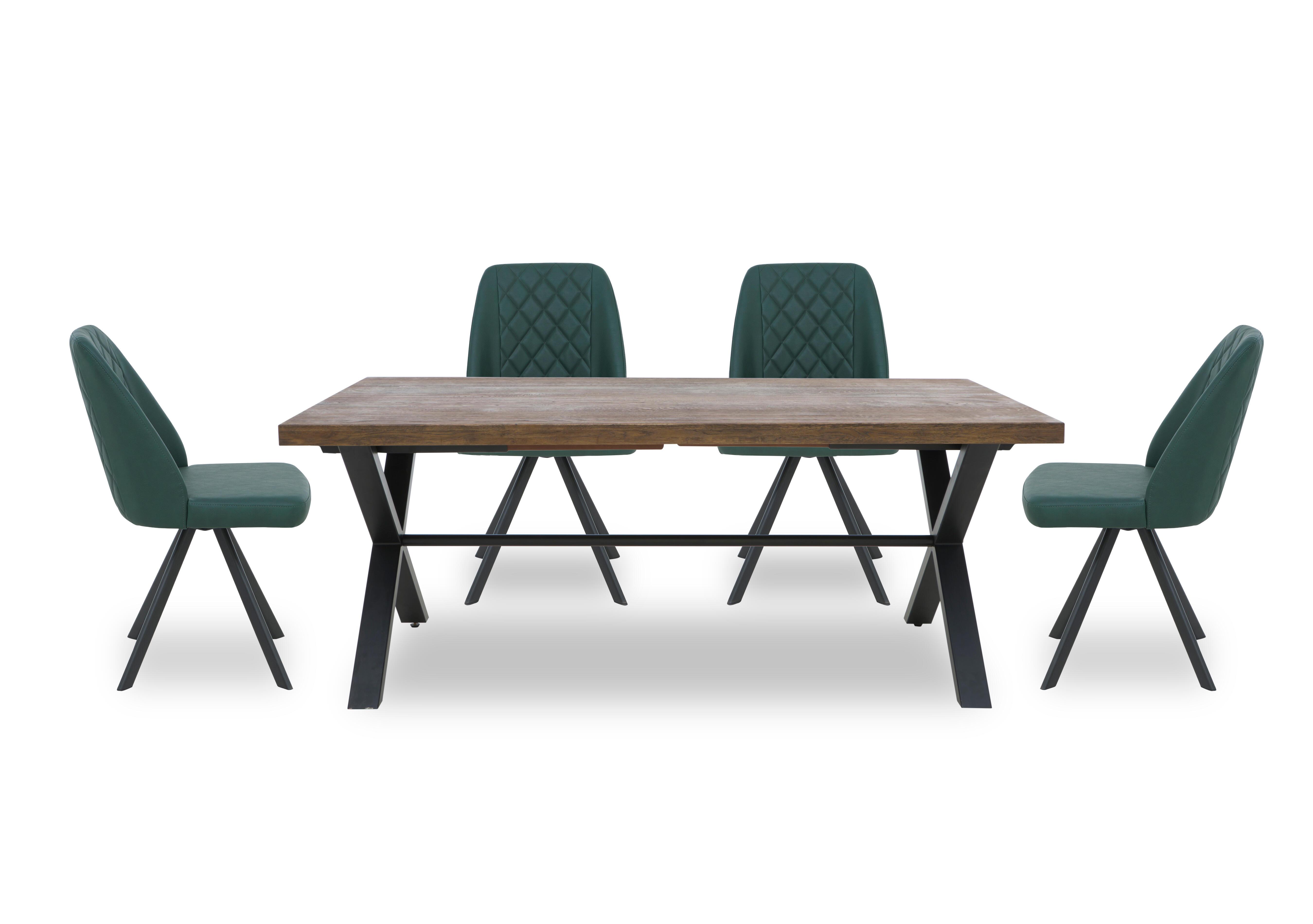Jupiter Dining Table with X Shaped Legs and 4 Swivel Dining Chairs in Green on Furniture Village