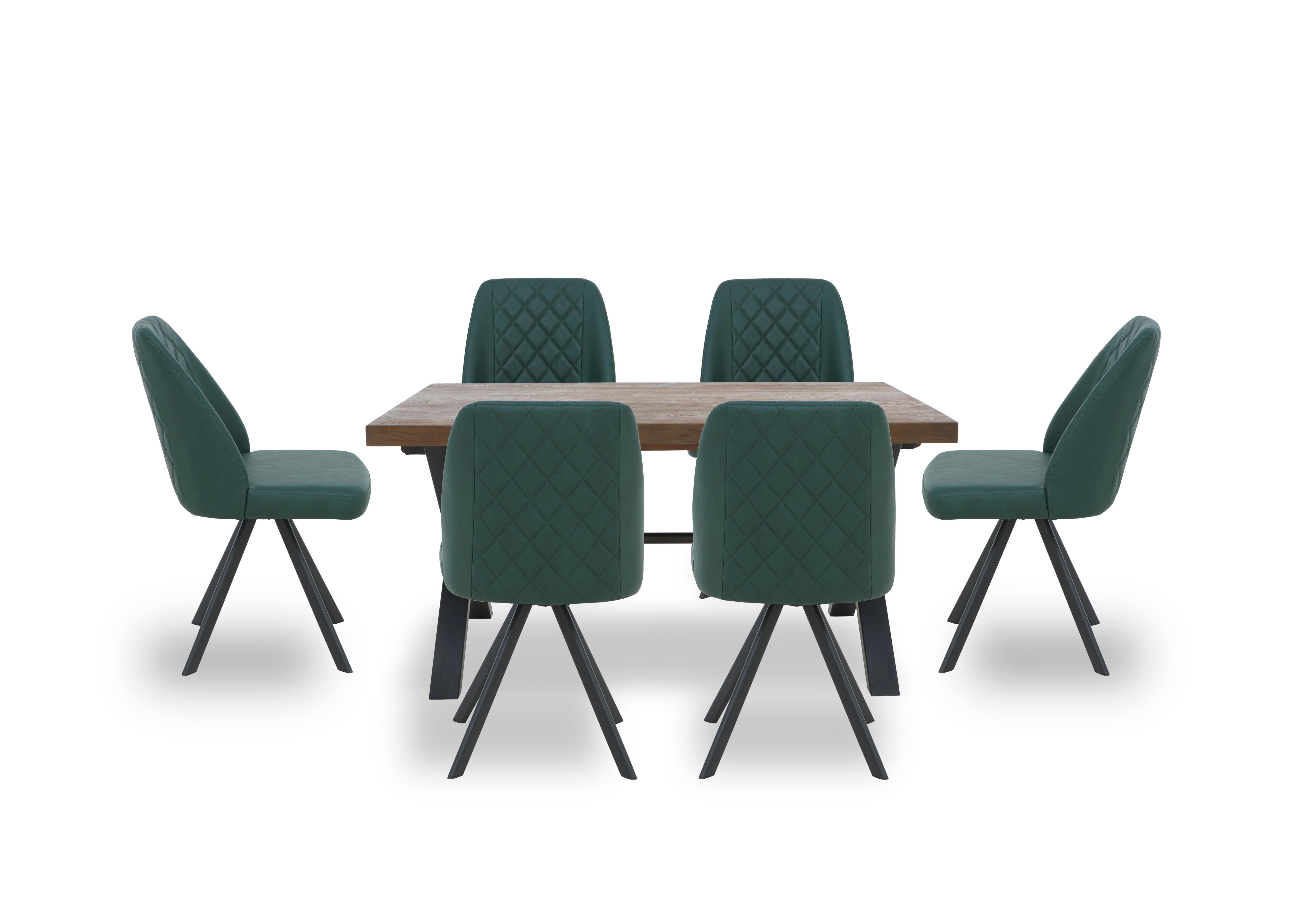 Jupiter Dining Table with X Shaped Legs and 6 Swivel Dining Chairs in Green on Furniture Village