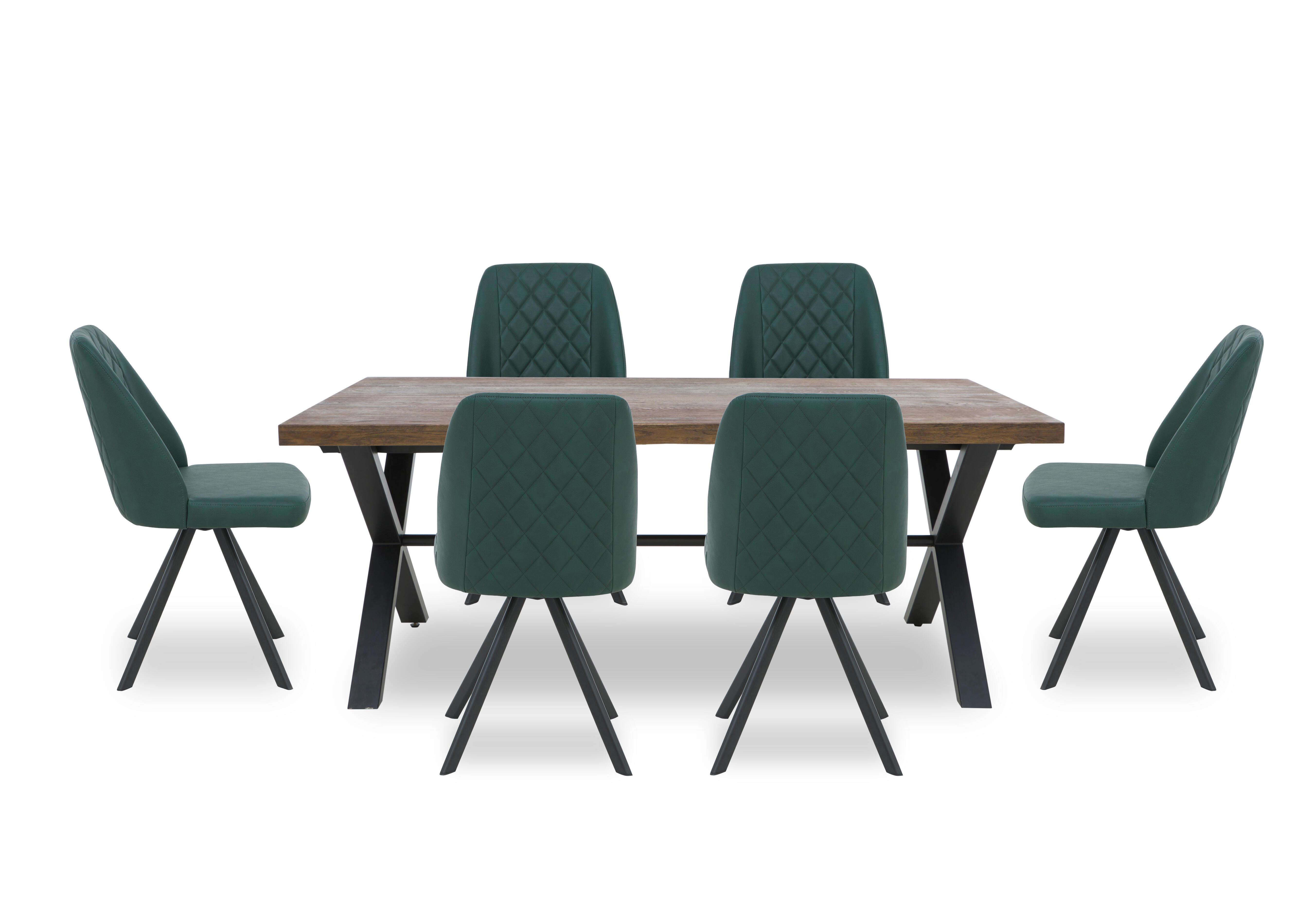 Jupiter Dining Table with X Shaped Legs and 6 Swivel Dining Chairs in Green on Furniture Village