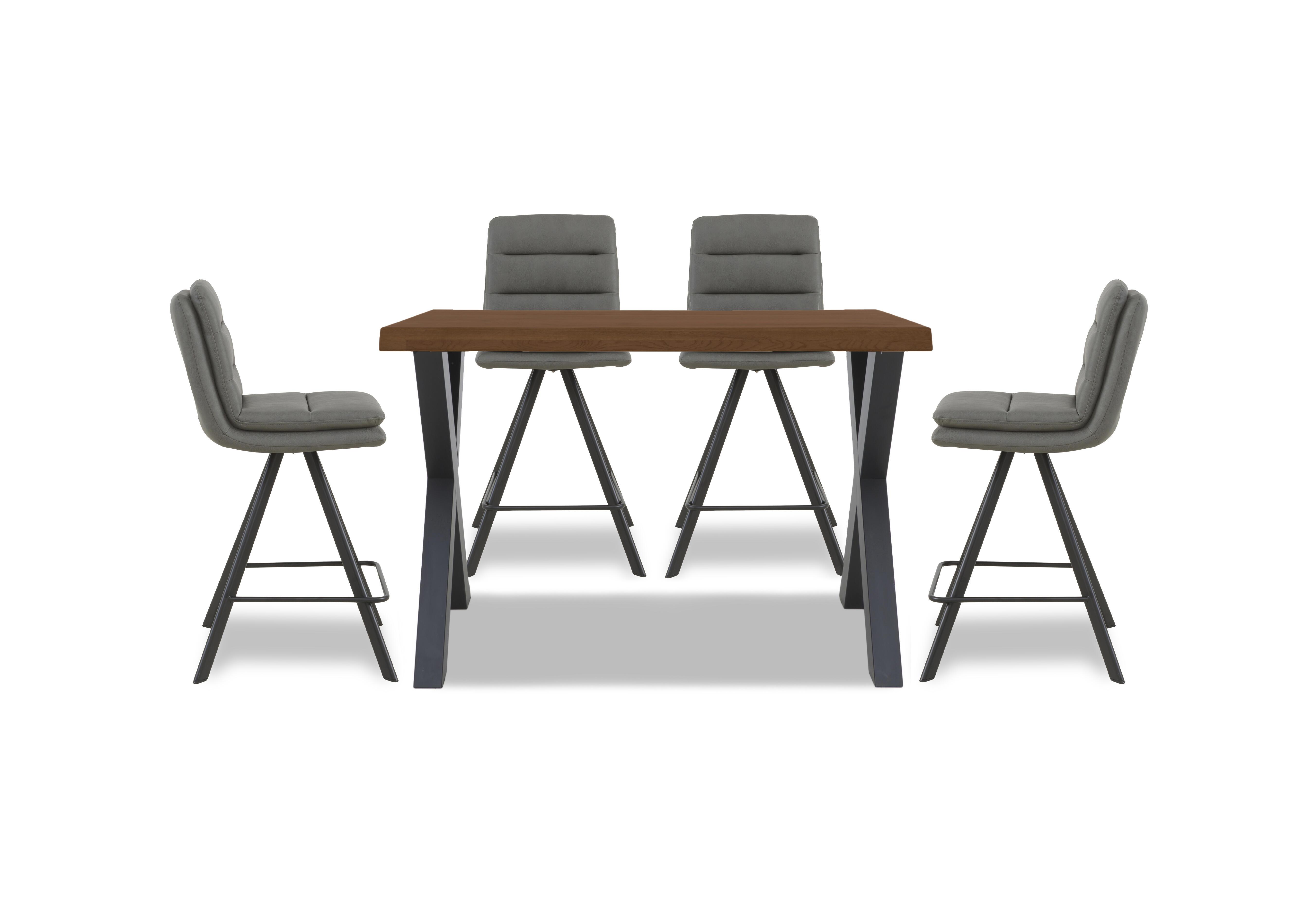 Hades 140cm Straight Edge Bar Table with X Shaped Legs and 4 Njord Grey Faux Leather Swivel Bar Stools in 6 Old Bassano on Furniture Village