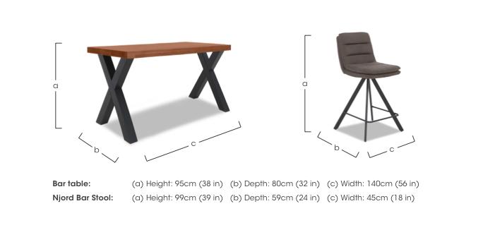 Hades 140cm Straight Edge Bar Table with X Shaped Legs and 4 Njord Anthracite Fabric Swivel Bar Stools in  on Furniture Village