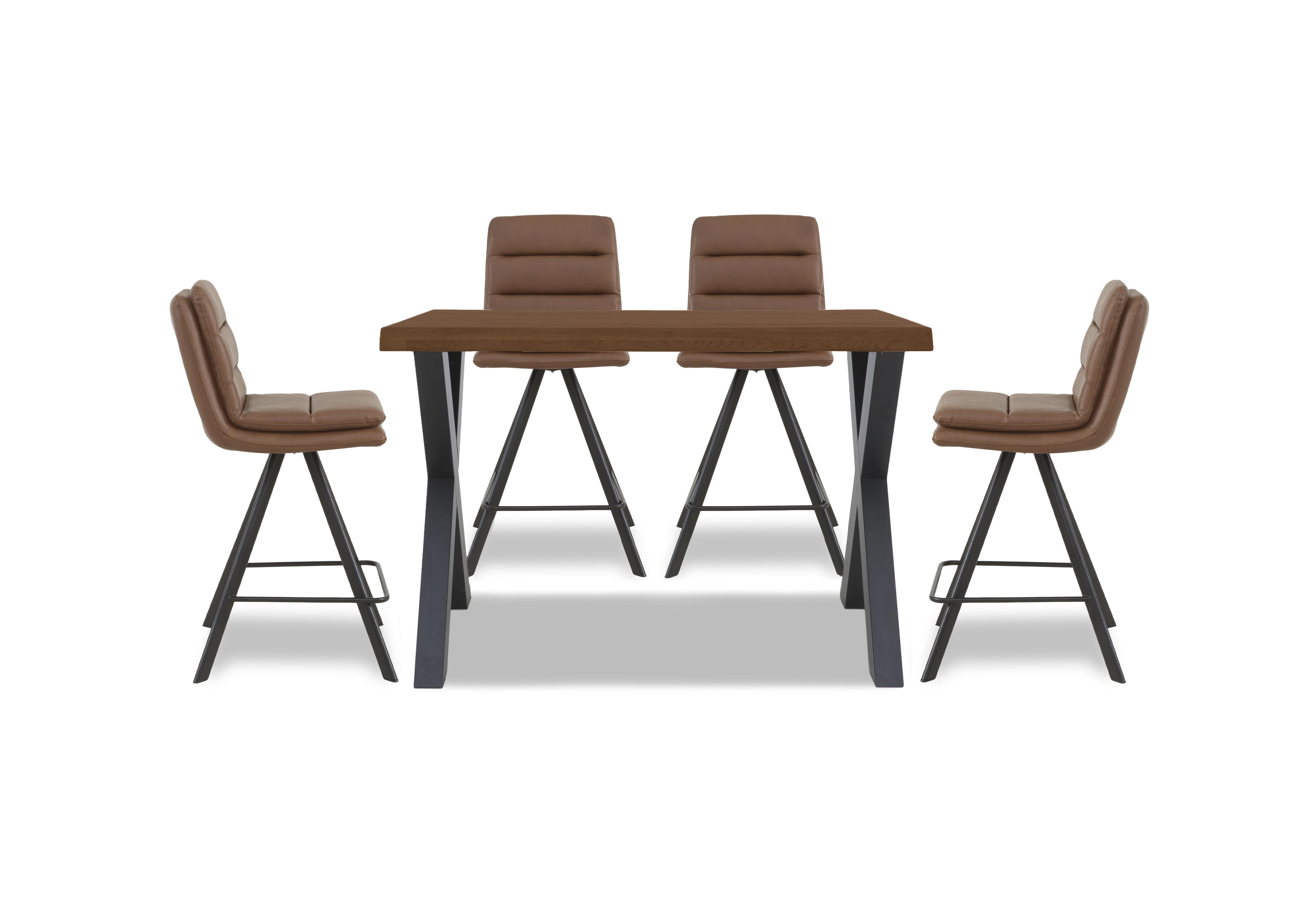 Hades 140cm Straight Edge Bar Table with X Shaped Legs and 4 Njord Tan Faux Leather Swivel Bar Stools in 6 Old Bassano on Furniture Village