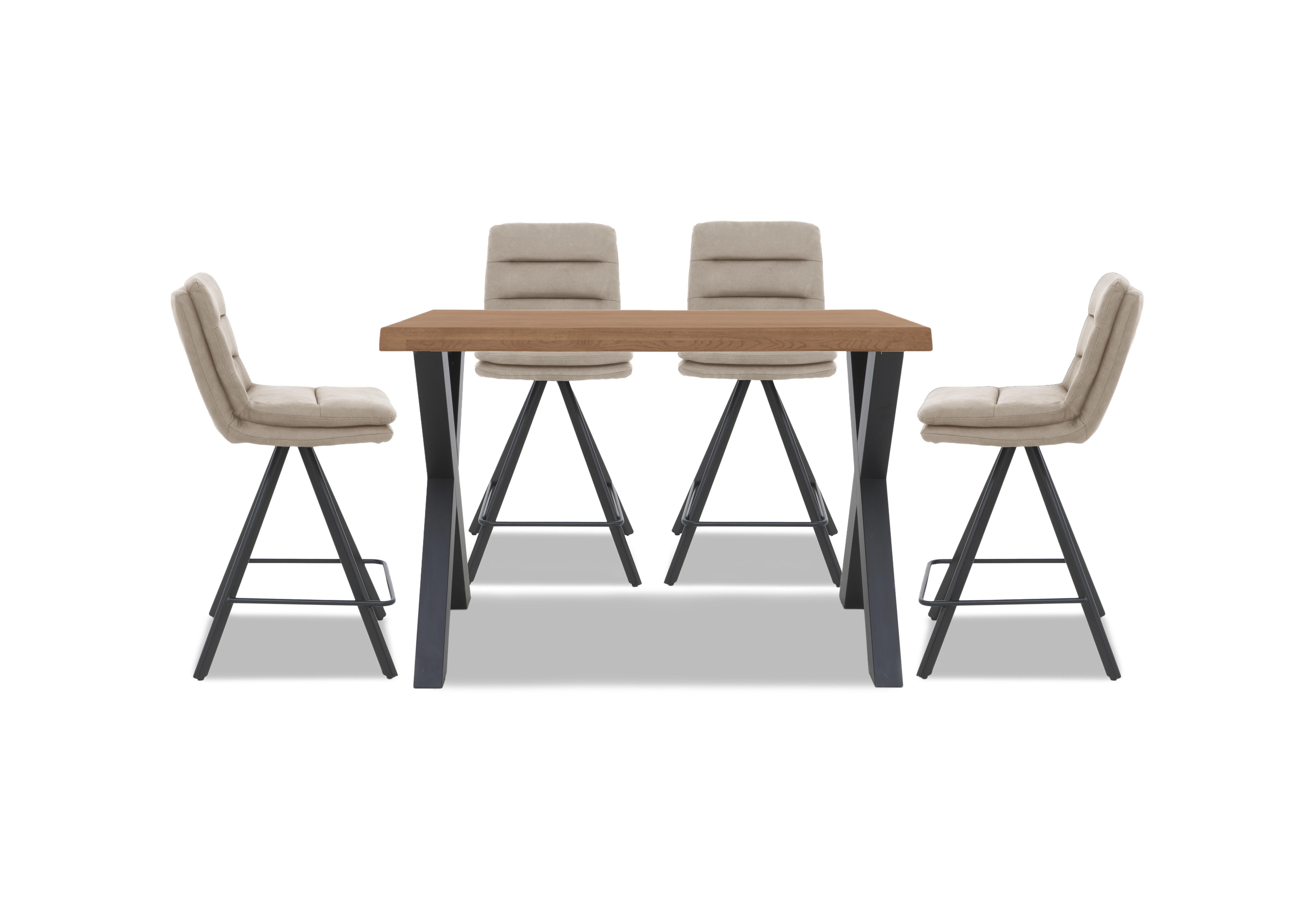 Hades 140cm Straight Edge Bar Table with X Shaped Legs and 4 Njord Sand Fabric Swivel Bar Stools in 33 Storm Wood on Furniture Village