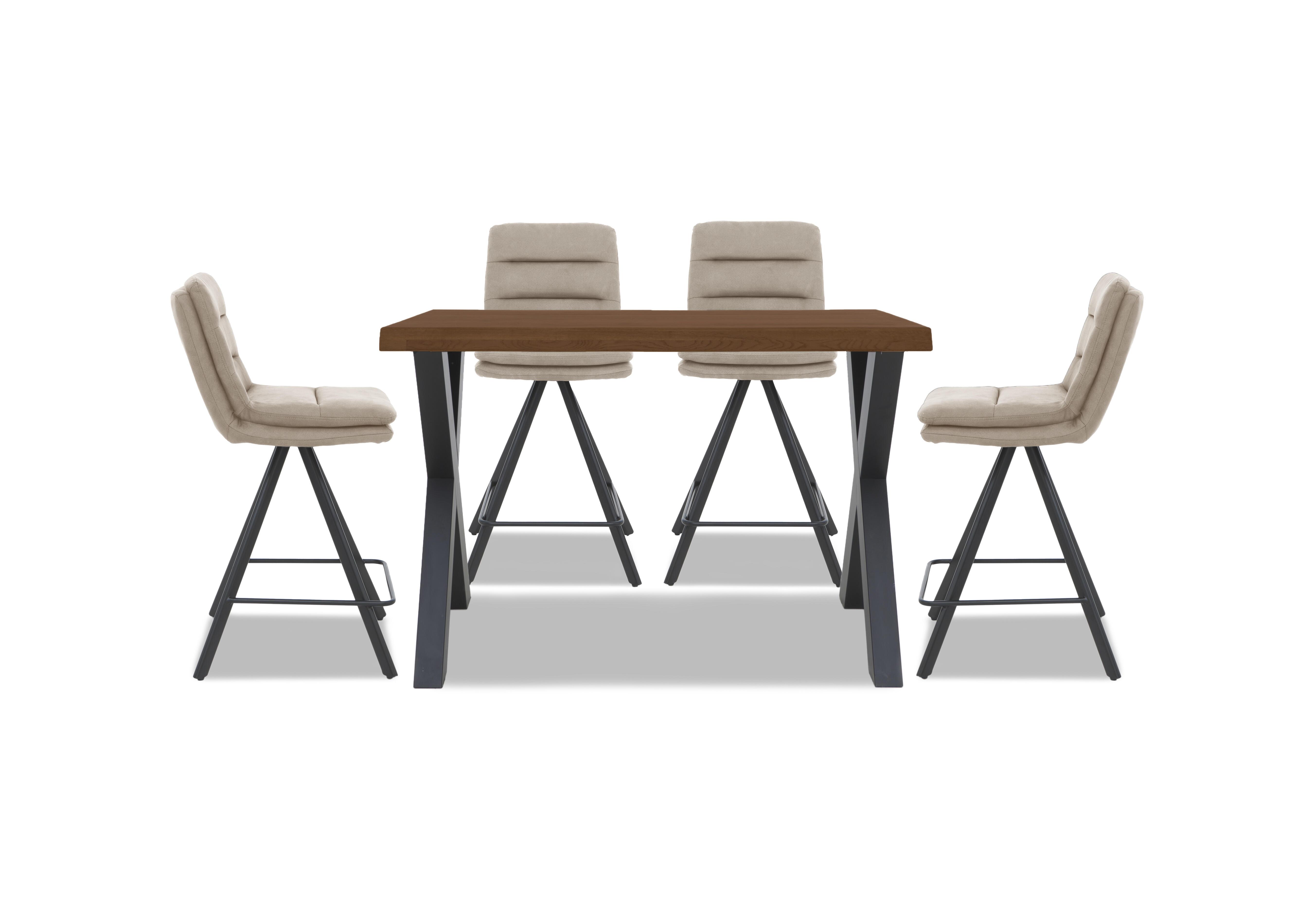 Hades 140cm Straight Edge Bar Table with X Shaped Legs and 4 Njord Sand Fabric Swivel Bar Stools in 6 Old Bassano on Furniture Village