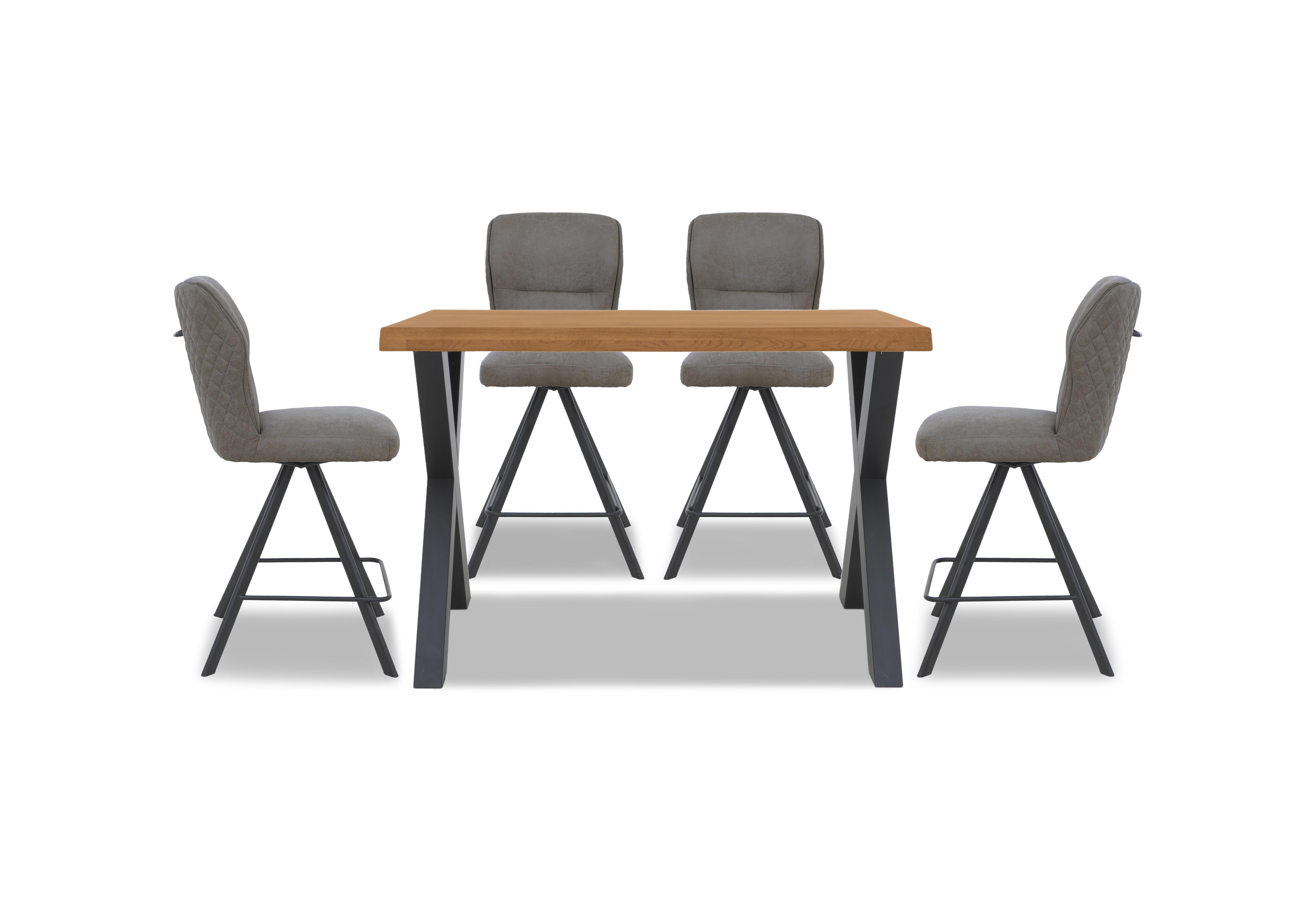 Hades 140cm Straight Edge Bar Table with X Shaped Legs and 4 Terra Steel Fabric Swivel Bar Stools in 1 Oil on Furniture Village