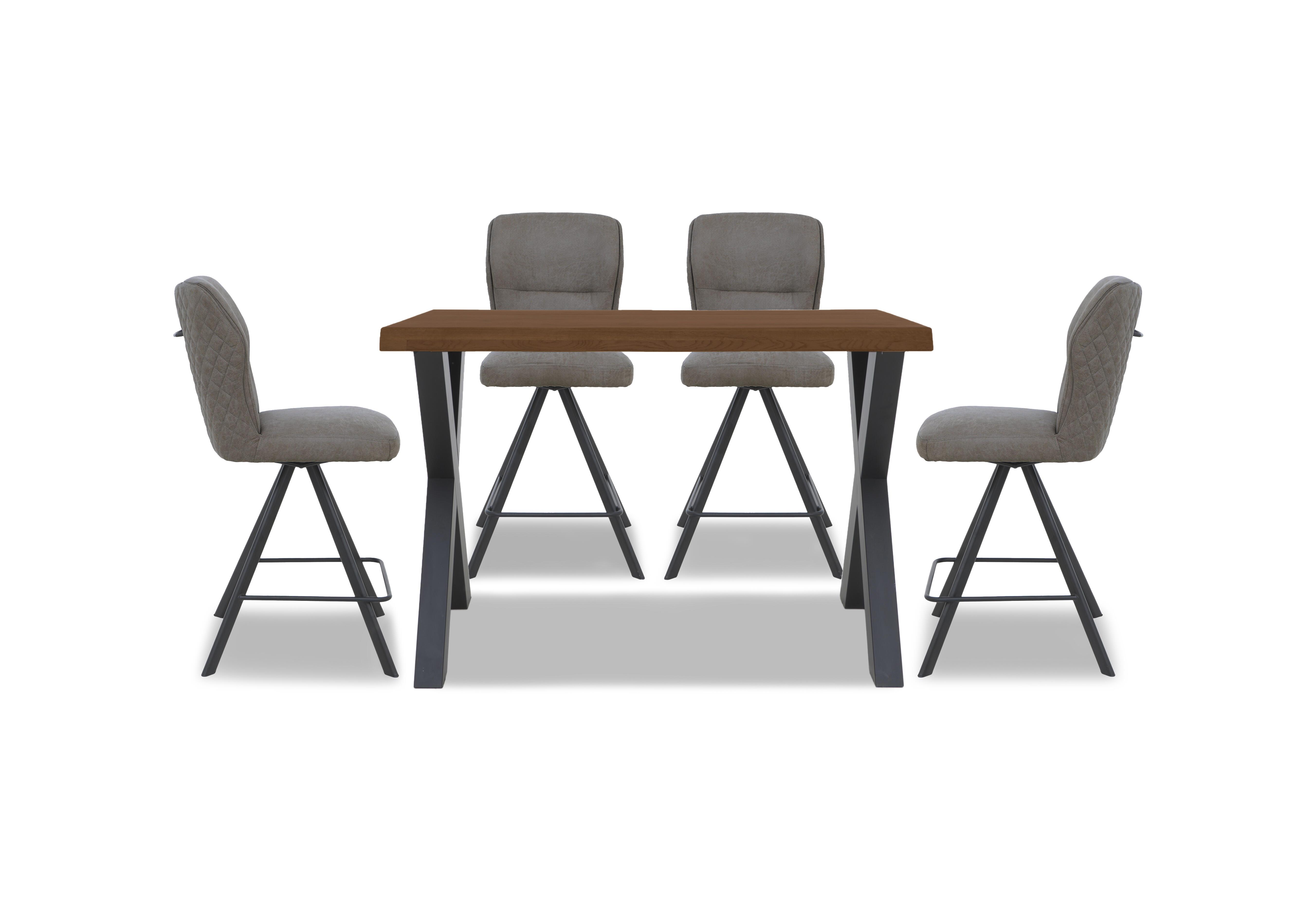 Hades 140cm Straight Edge Bar Table with X Shaped Legs and 4 Terra Steel Fabric Swivel Bar Stools in 6 Old Bassano on Furniture Village