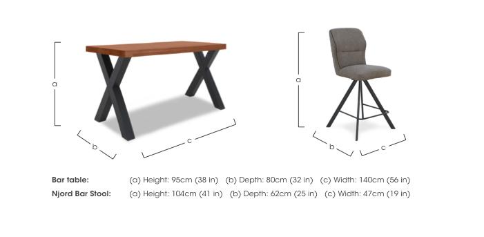 Hades 140cm Straight Edge Bar Table with X Shaped Legs and 4 Terra Steel Fabric Swivel Bar Stools in  on Furniture Village