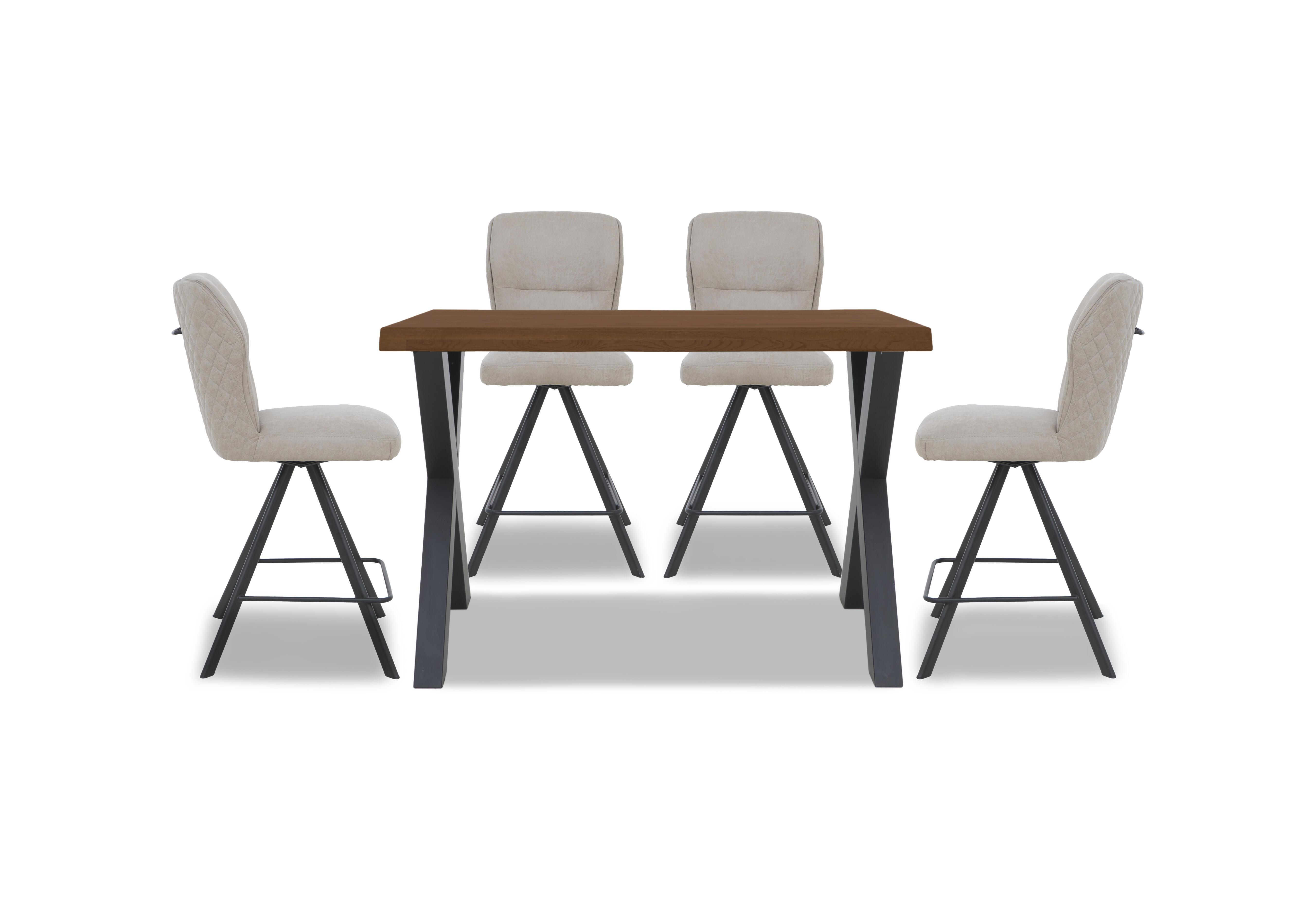 Hades 140cm Straight Edge Bar Table with X Shaped Legs and 4 Terra Taupe Fabric Swivel Bar Stools in 6 Old Bassano on Furniture Village