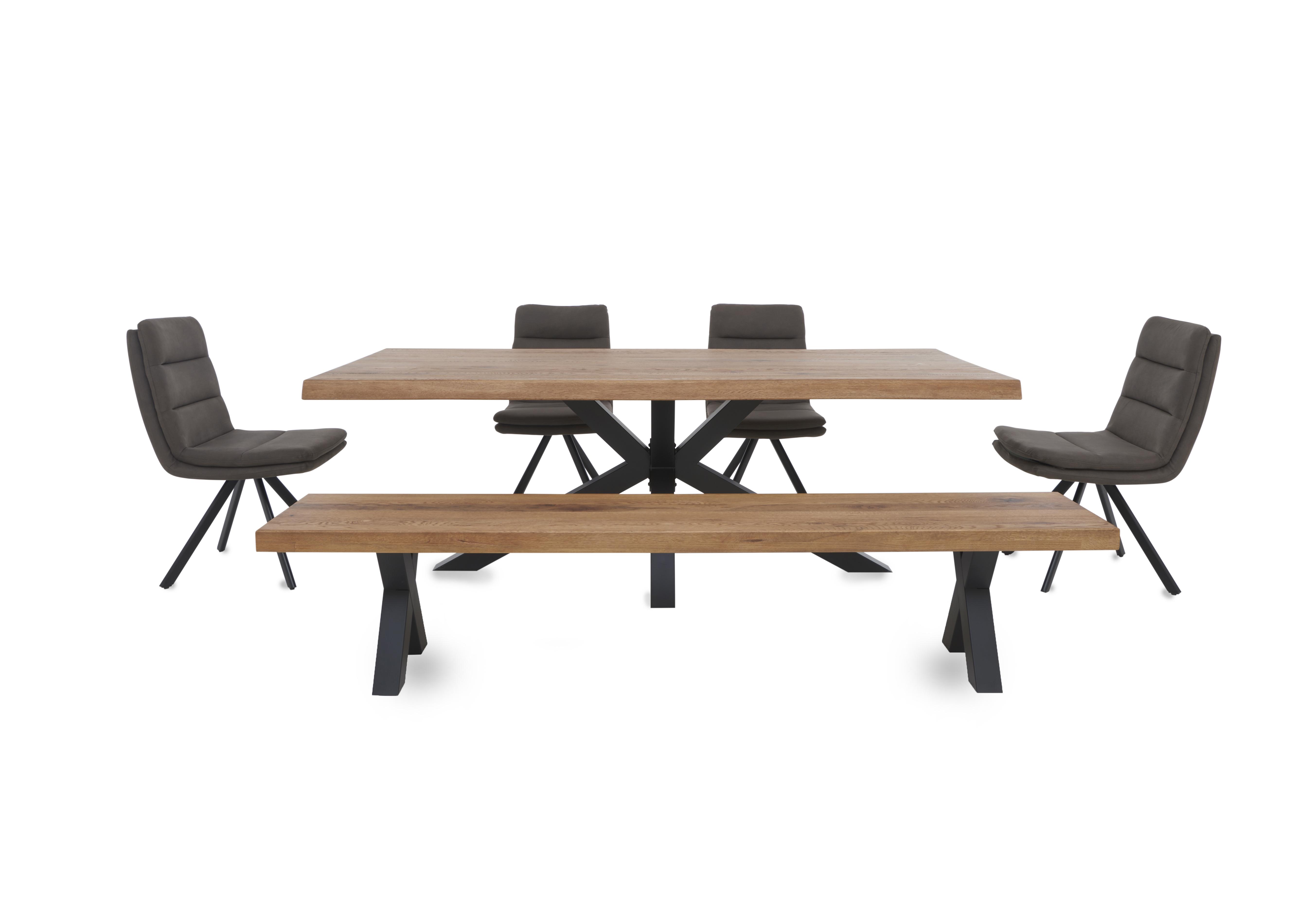 Njord Raw Edge Dining Table with Metal Star Base, Dining Bench and 4 Anthracite Fabric Swivel Dining Chairs in 6 Old Bassano on Furniture Village