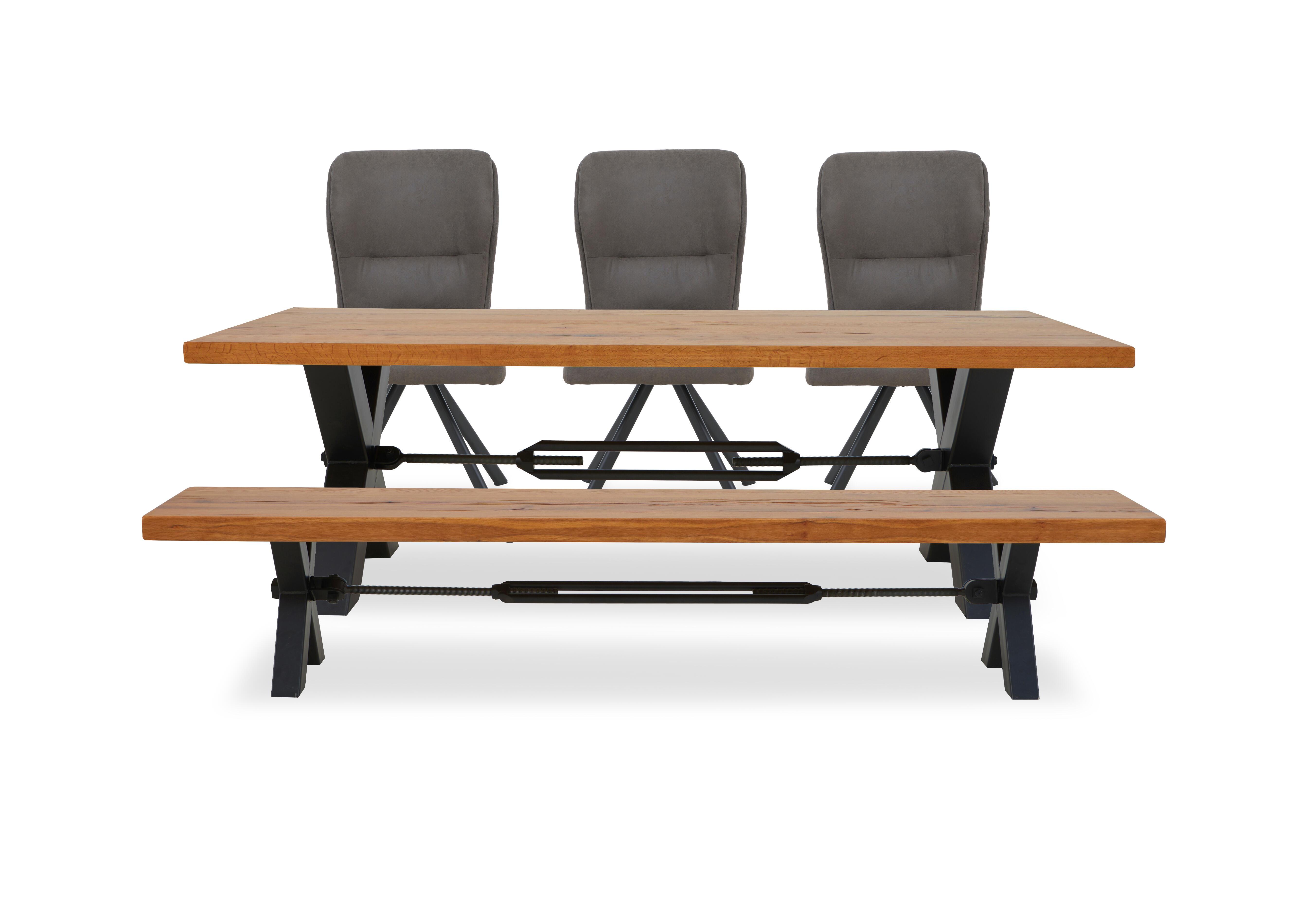 Terra Straight Edge Dining Table with Tension Bolt X-Leg, Dining Bench and 3 Steel Fabric Swivel Dining Chairs in 1 Oil on Furniture Village