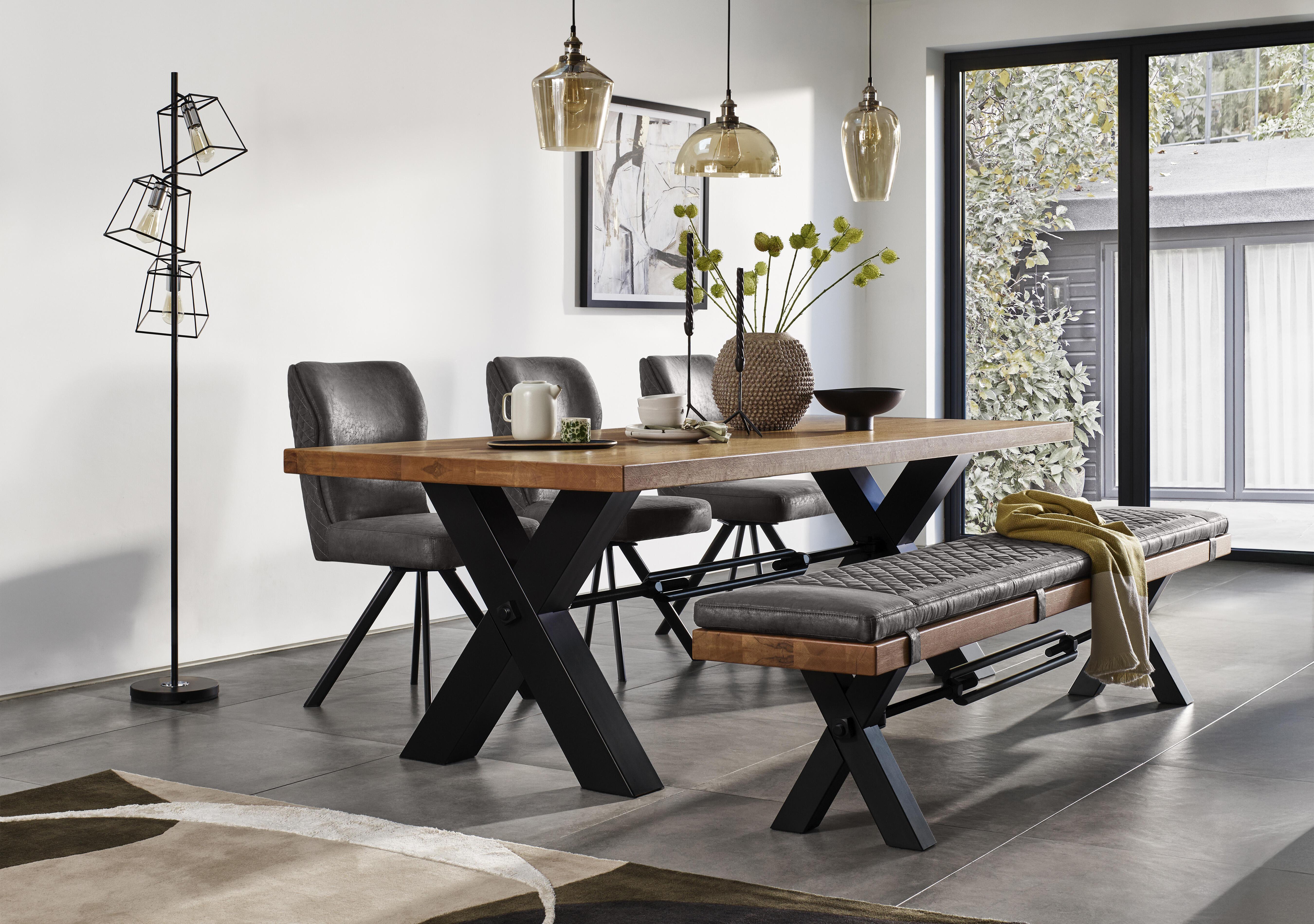 Terra Straight Edge Dining Table with Tension Bolt X-Leg, Dining Bench and 3 Steel Fabric Swivel Dining Chairs in  on Furniture Village
