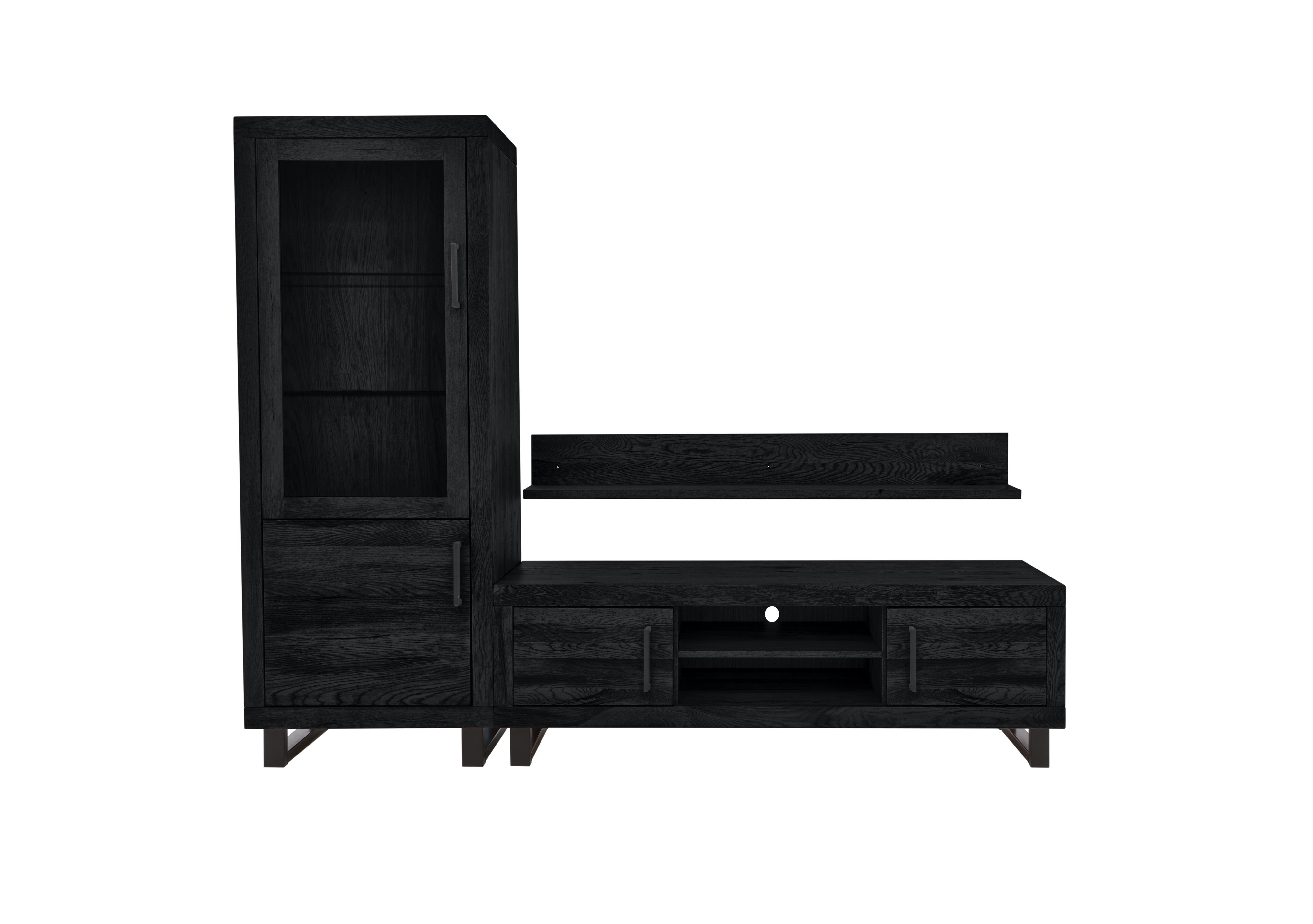 Terra Small Media Set with Small TV Unit, Small Left Hand Display Cabinet and 150cm Wall Shelf in 7 Black on Furniture Village