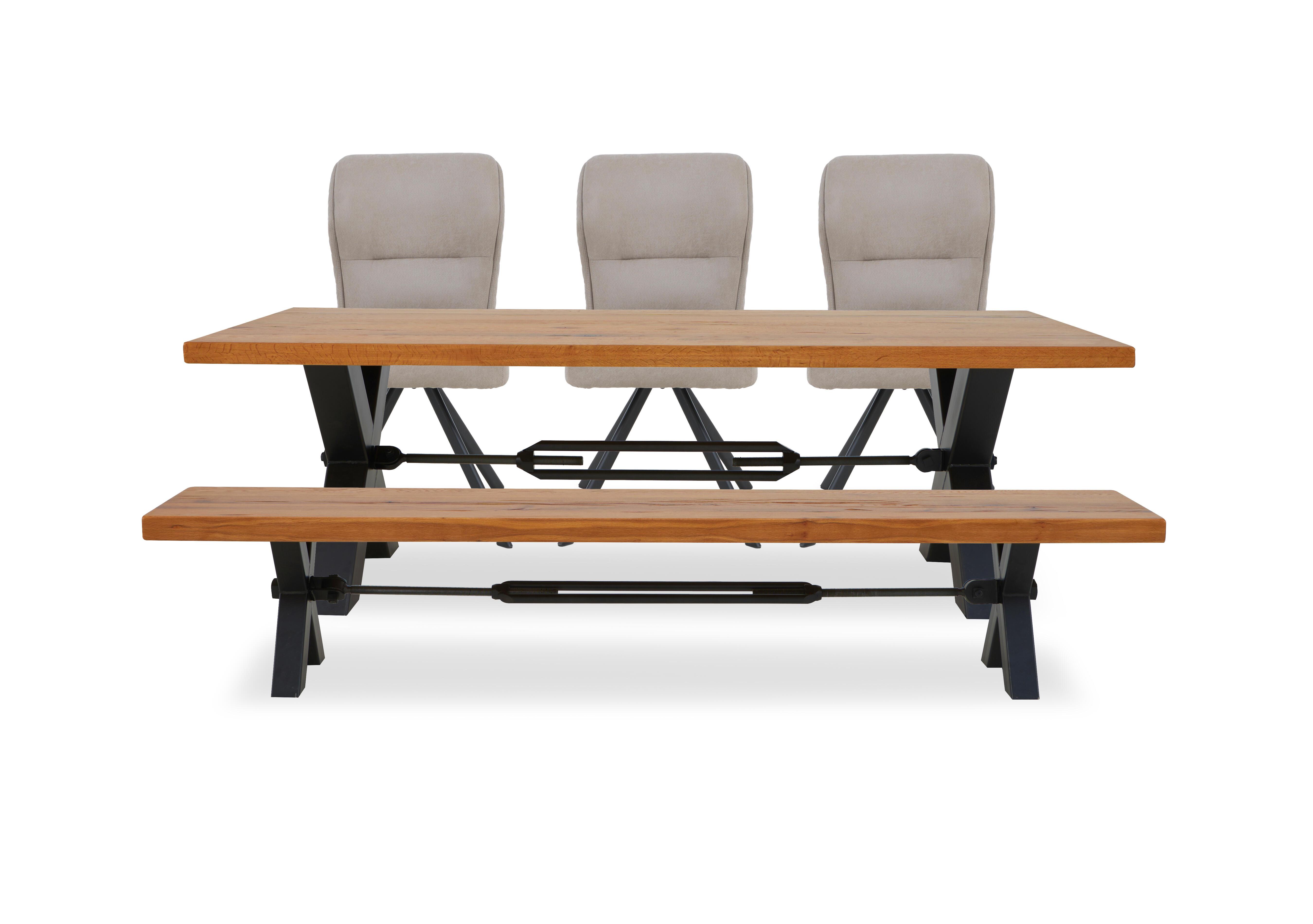 Terra Straight Edge Dining Table with Tension Bolt X-Leg, Dining Bench and 3 Taupe Fabric Swivel Dining Chairs in 1 Oil on Furniture Village