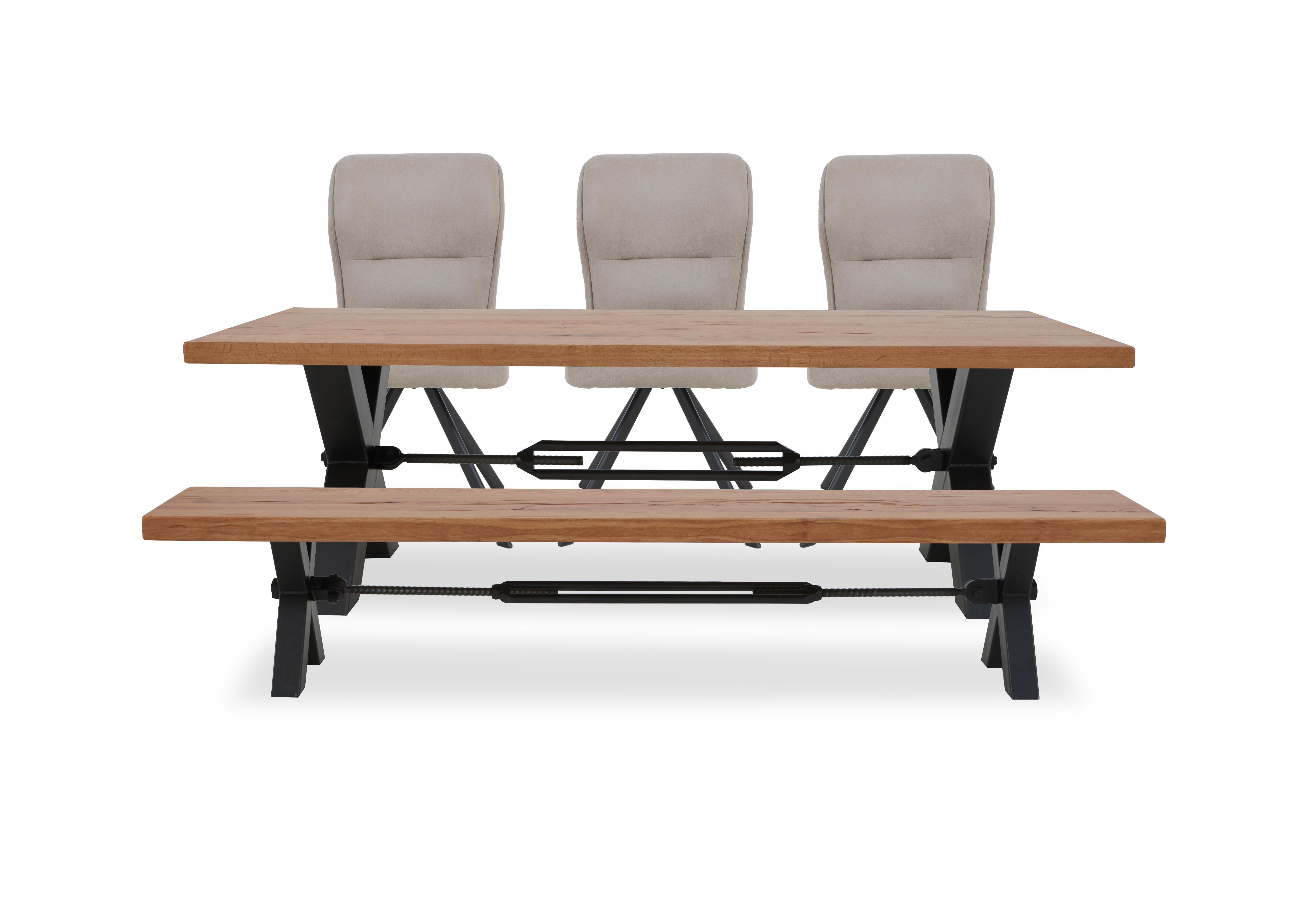 Terra Straight Edge Dining Table with Tension Bolt X-Leg, Dining Bench and 3 Taupe Fabric Swivel Dining Chairs in 33 Storm Wood on Furniture Village