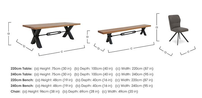 Terra Straight Edge Dining Table with Tension Bolt X-Leg, Dining Bench and 3 Taupe Fabric Swivel Dining Chairs in  on Furniture Village