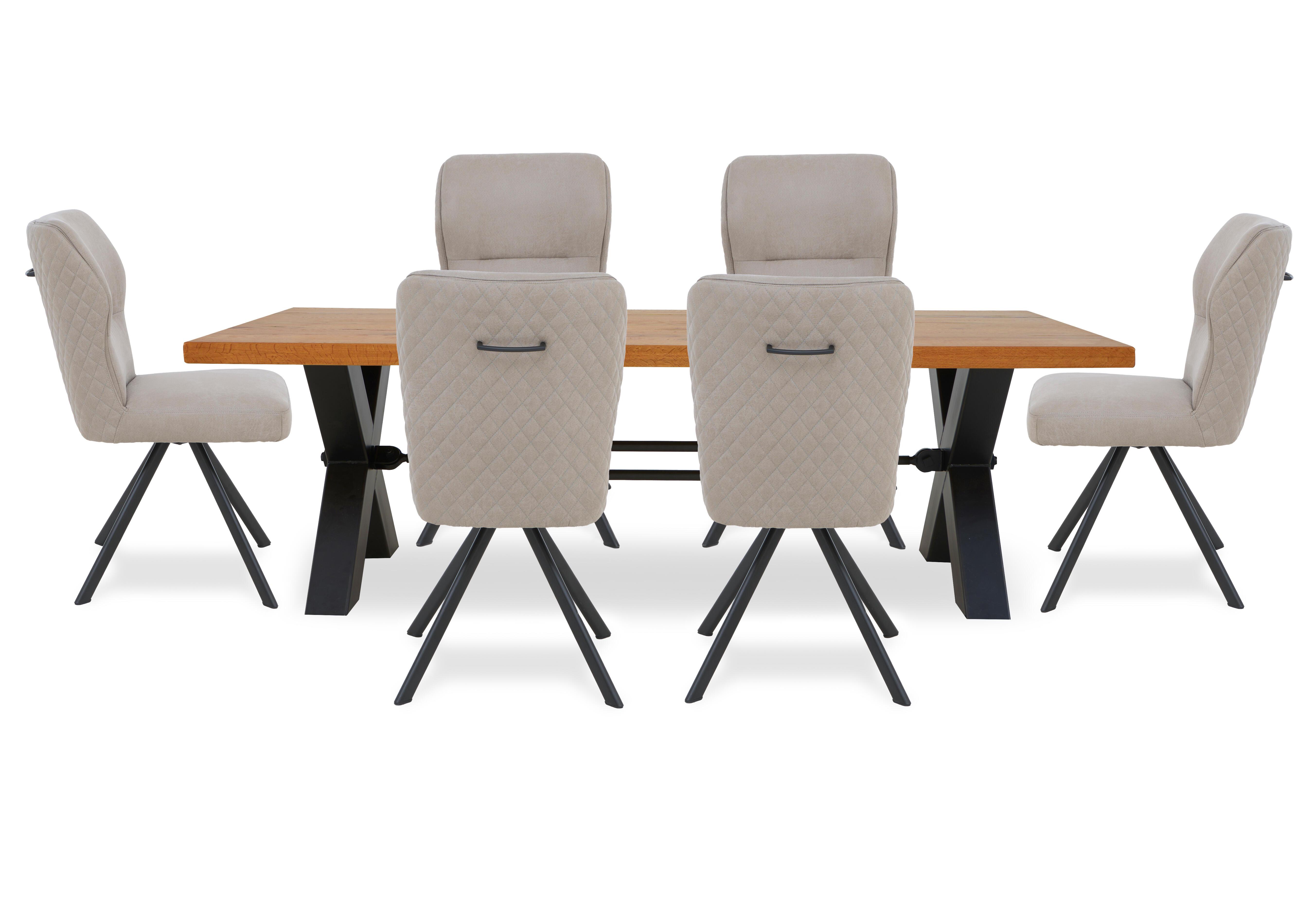 Terra Straight Edge Dining Table with Tension Bolt X-Leg and 6 Taupe Fabric Swivel Dining Chairs in 1 Oil on Furniture Village